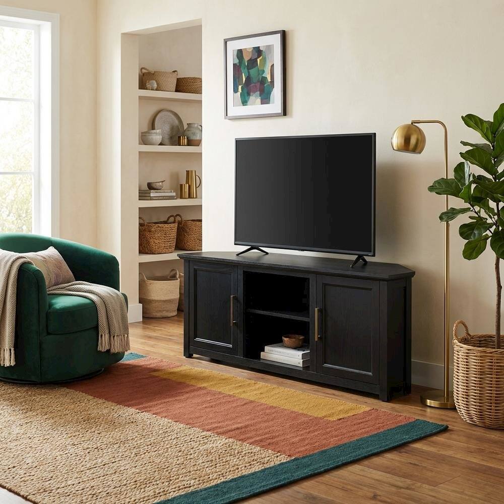 Alt View 2. FurniFact - Black Corner TV Stand for 65+ Inch TVs with Storage Shelves - Black.