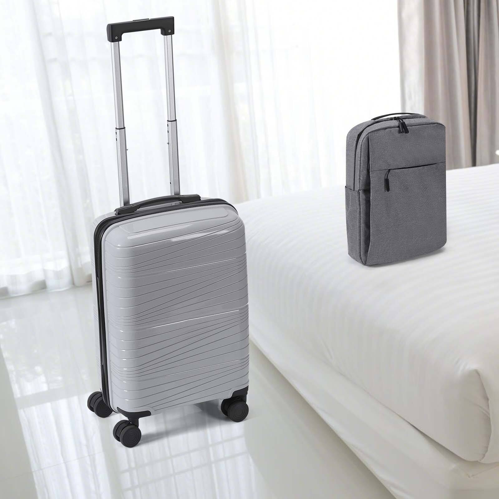 Alt View 3. Oumilen - 2 Piece Gray Travel Set – 20" PP Carry On + Laptop Backpack, 4 Silent Spinner Wheels with Lock - Gray.