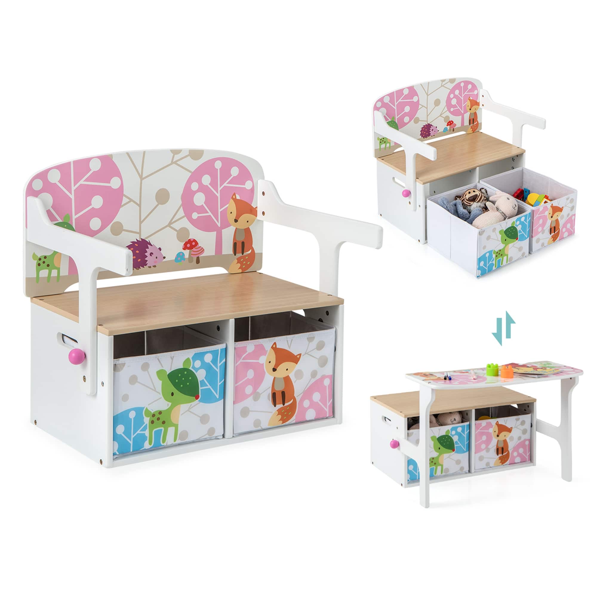 Costway - 3 in 1 Kids Convertible Activity Bench Children Table & Chair Set with 2 Bins - White