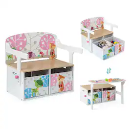 Costway - 3 in 1 Kids Convertible Activity Bench Children Table & Chair Set with 2 Bins - White
