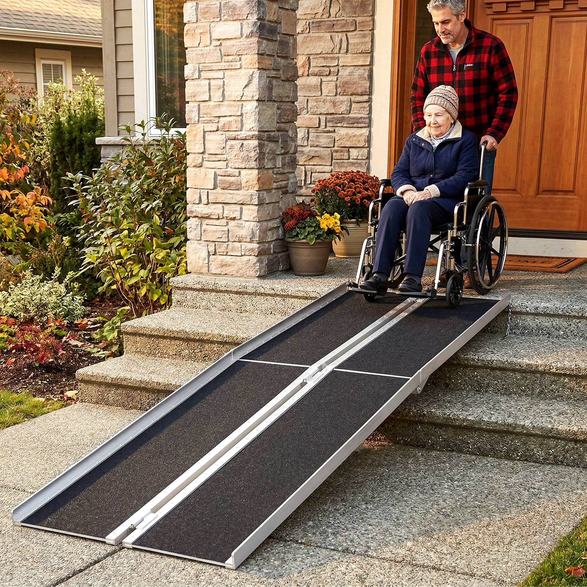 Alt View 1. Homcom - 10' Skidproof Portable Wheelchair Ramp for Home, Steps, Doorways, Carpeted Foldable Handicap Ramp - Black.