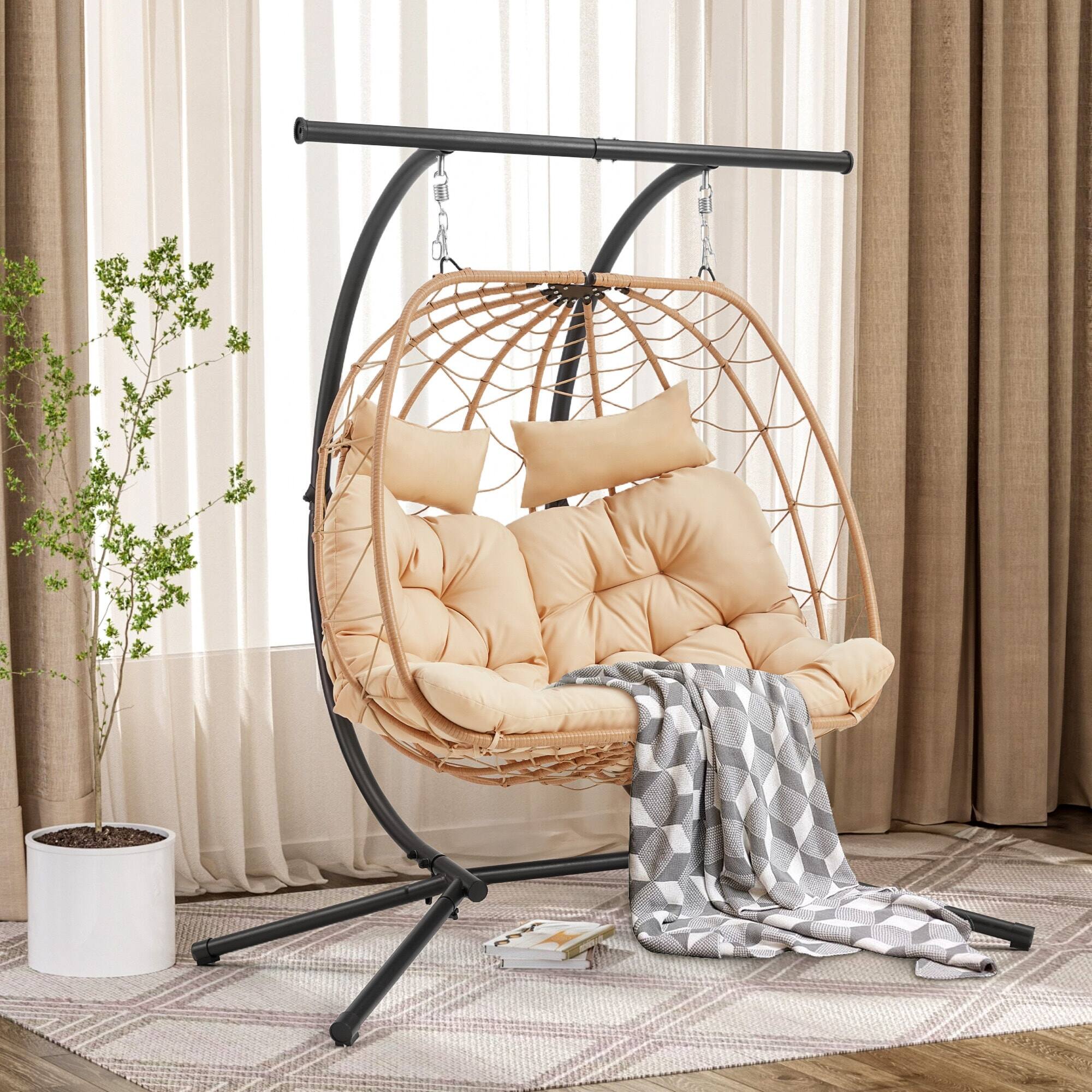 Angle. U-HOMY - Trapezoid Rattan Hanging Swing Chair for 2 – Indoor/Outdoor Patio with Canopy - Beige.