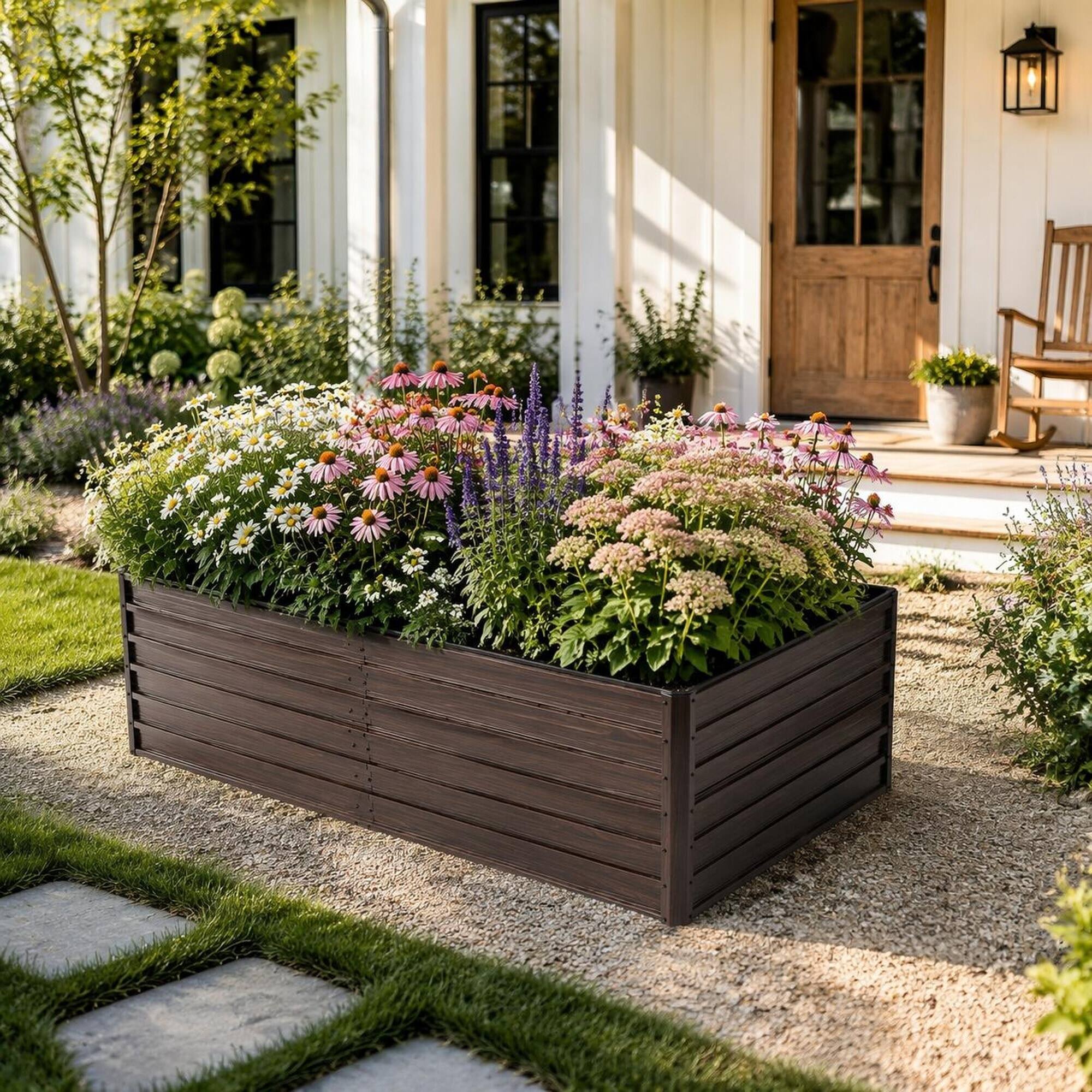Angle. RYHNUYNE - 8x4x2ft Galvanized Steel Raised Garden Bed in Brown Woodgrain Finish for Vegetables Fruits Herbs and Flowers, 55 - Brown.