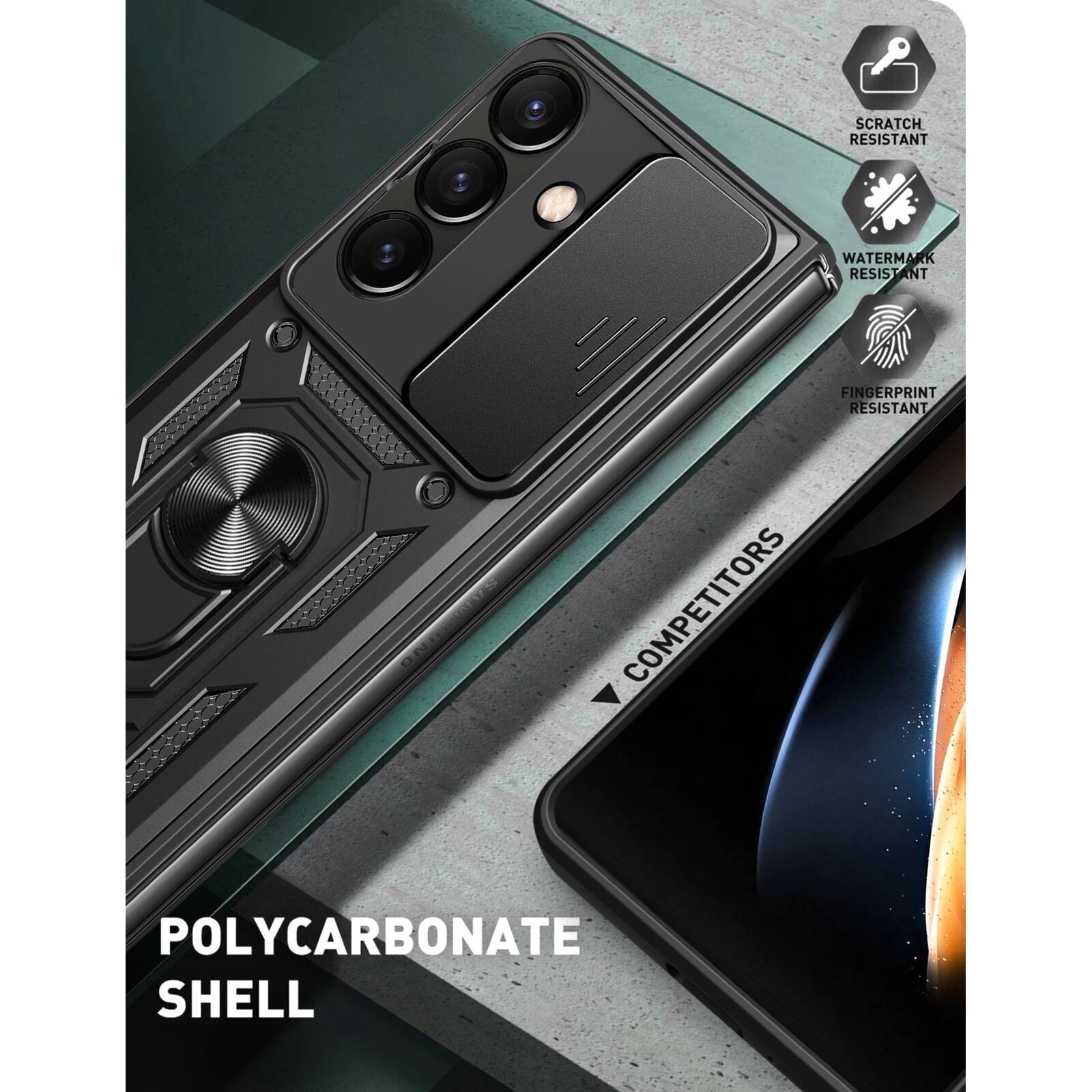 SCRATCH RESISTANT  
WATERMARK RESISTANT  
FINGERPRINT RESISTANT  
COMPETITORS  
POLYCARBONATE SHELL