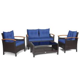 Kadyn - 4 Pcs Patio Rattan Furniture Set, Patio Conversation Sets with Cushioned Sofa and Storage Table-White - Blue