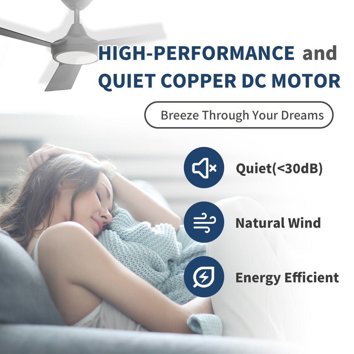 HIGH-PERFORMANCE and QUIET COPPER DC MOTOR  
Breeze Through Your Dreams  

- Quiet (<30dB)  
- Natural Wind  
- Energy Efficient