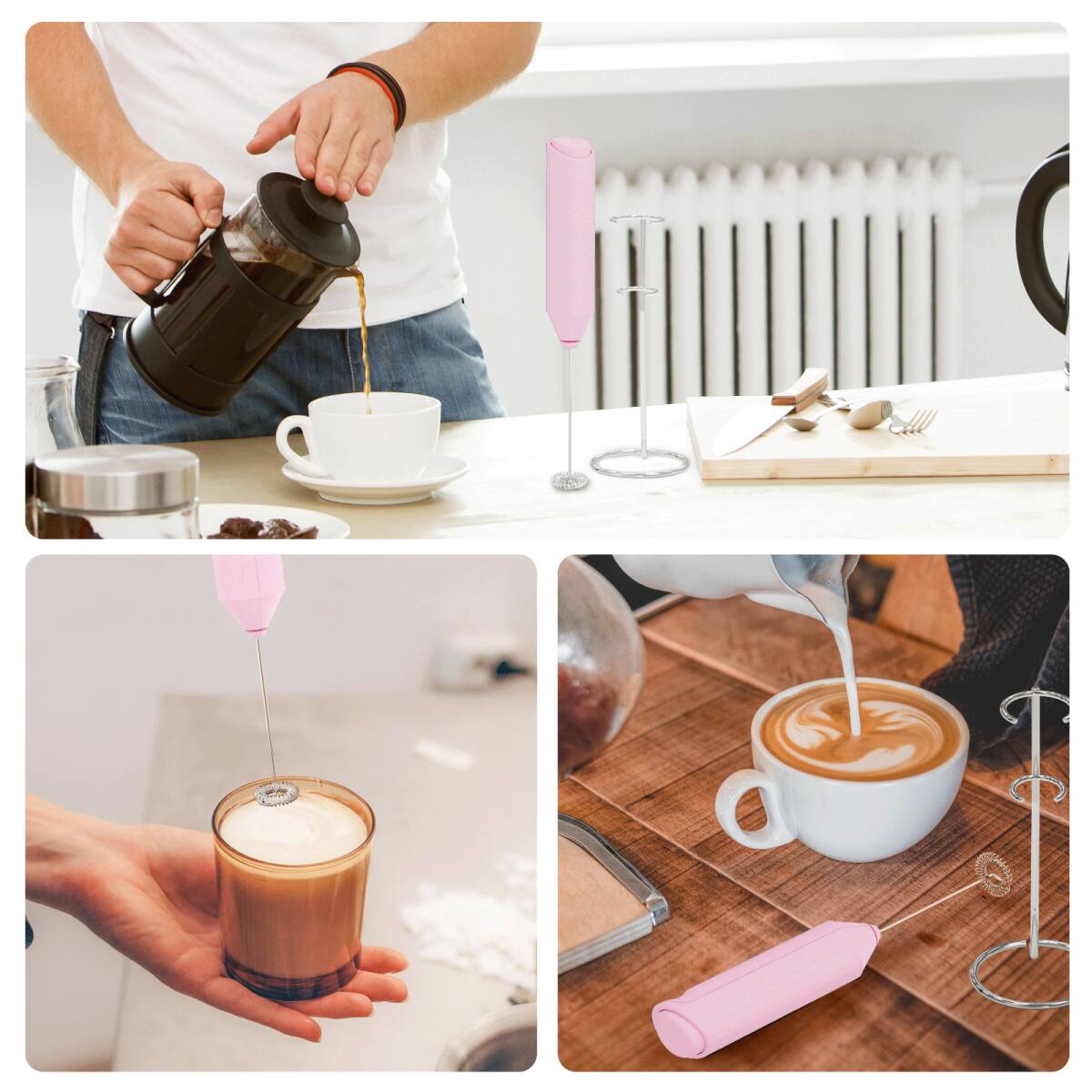 Alt View 1. Tooloton - Handheld Milk Frother, Mini Foam Maker for Coffee, Matcha and Hot Chocolate, Stand Included, Pink - Pink.