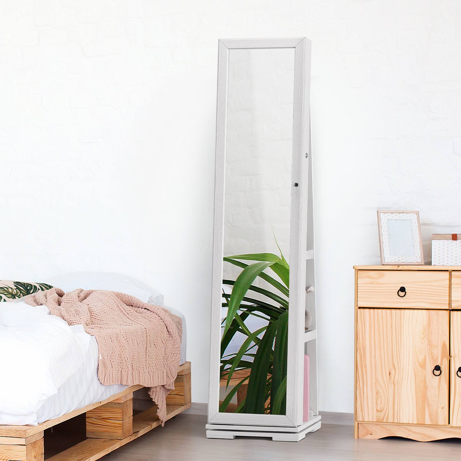 Alt View 2. Oumilen - 360° Rotating Jewelry Armoire with Full-Length Mirror, White.