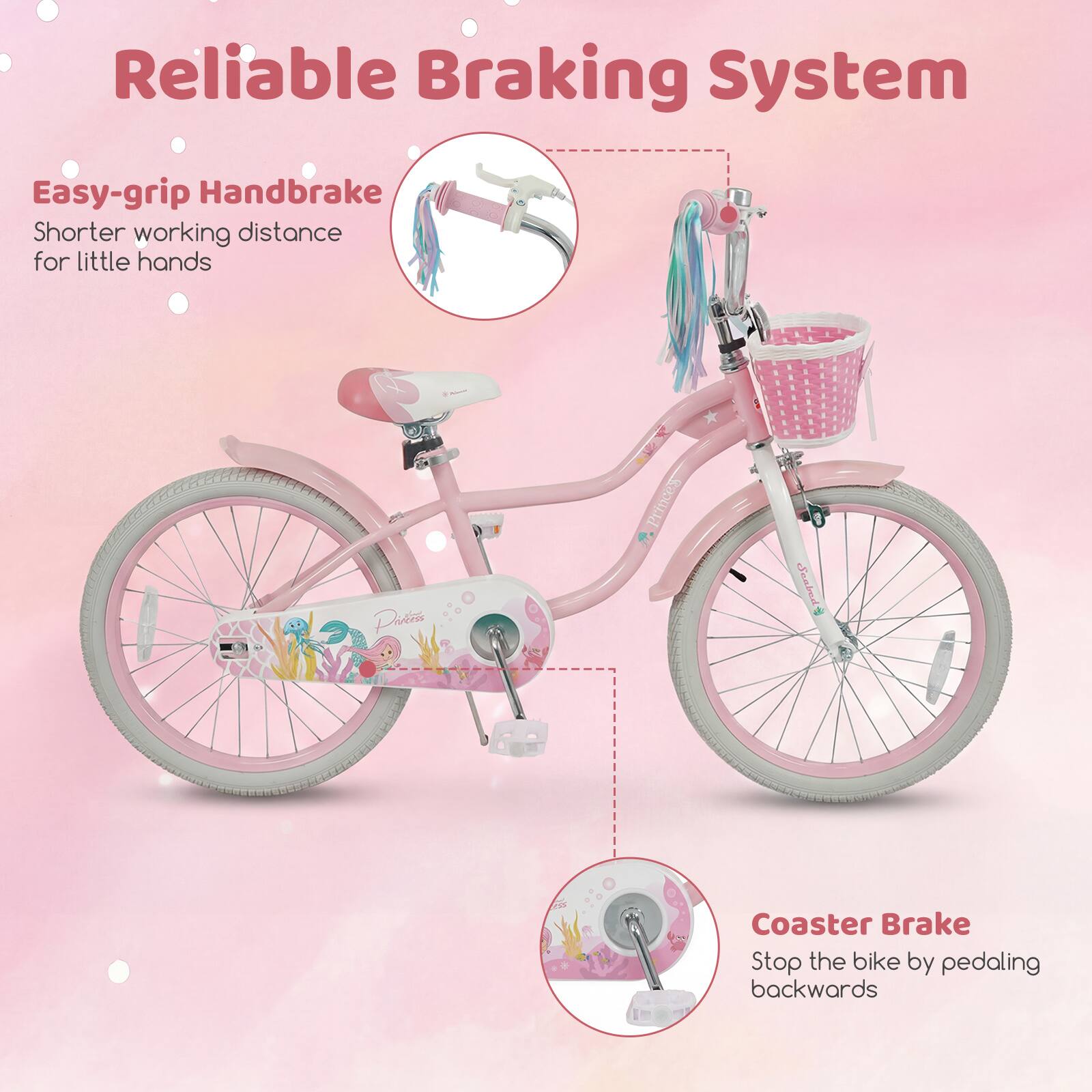 Reliable Braking System

Easy-grip Handbrake  
Shorter working distance for little hands

Coaster Brake  
Stop the bike by pedaling backwards