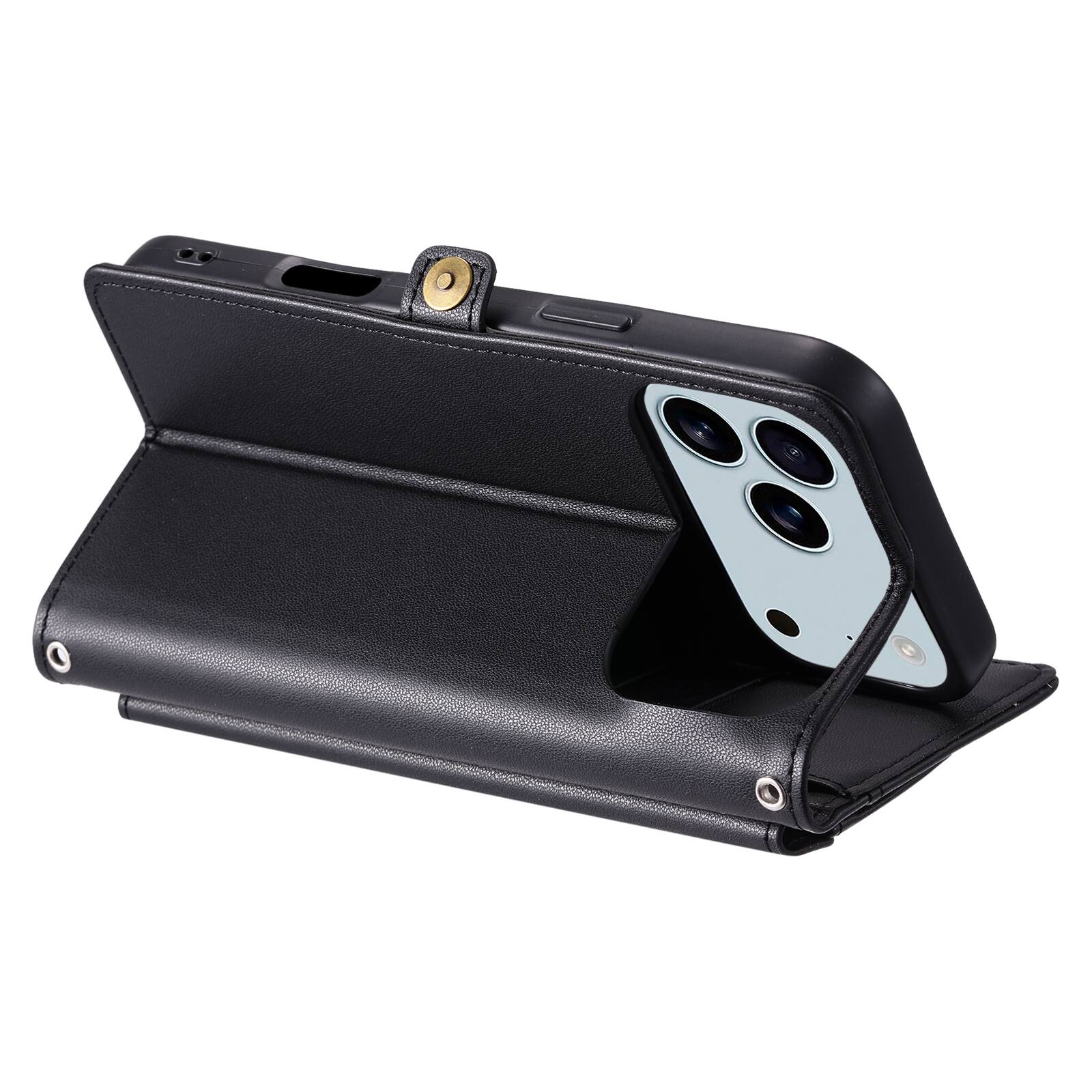 Alt View 4. Dteck - Foilo Wallet Case for Apple iPhone 17 Pro Max,Shockproof Card Holder PU Leather Magnetic Snap Phone Cover with Lanyard - Black.