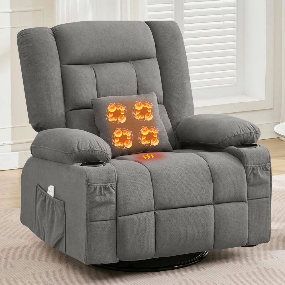 Angle. Kadyn - Oversized Swivel Recliner Chair with Massage & Heat, 350lb Capacity, 8 Vibration Modes, USB Port, Gray - Gray.
