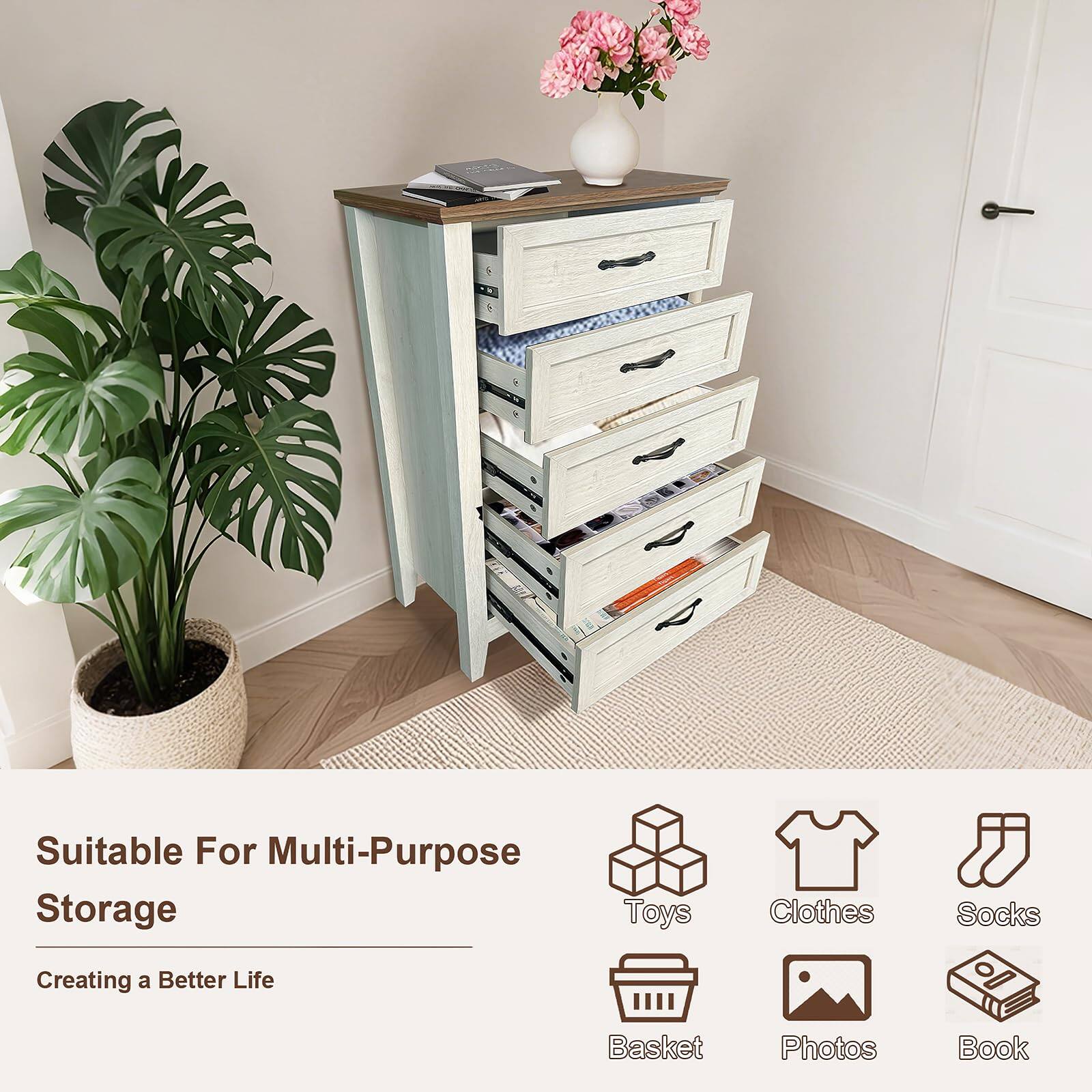 Suitable For Multi-Purpose Storage  
Creating a Better Life  

Toys  
Clothes  
Socks  
Basket  
Photos  
Book