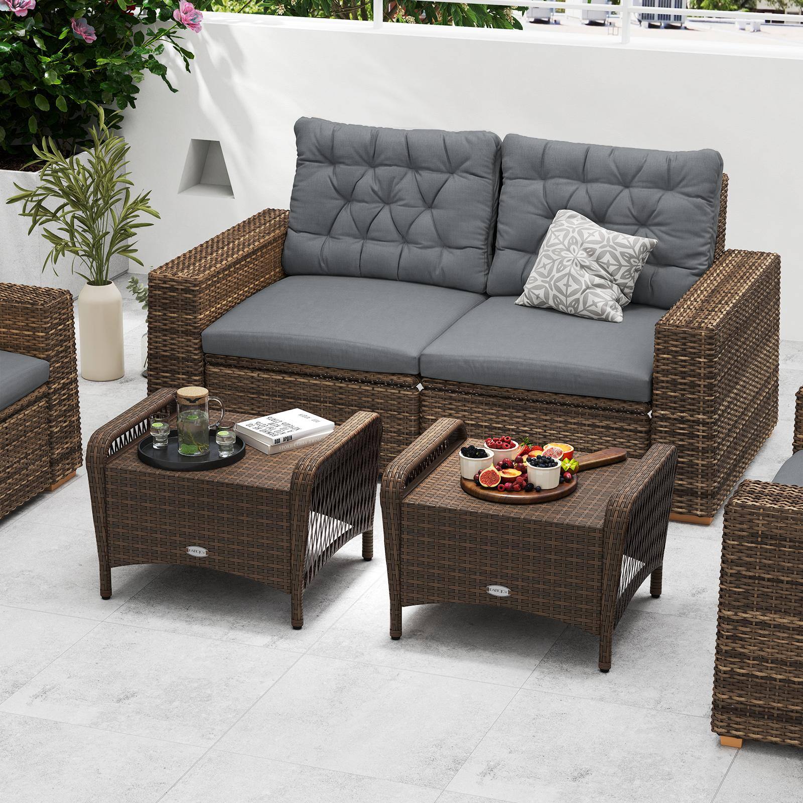 Alt View 4. Costway - Costway 2 Pieces Outdoor Patio PE Wicker Ottomans with Removable Cushions for Porch, Garden - Mix Brown+Gray.