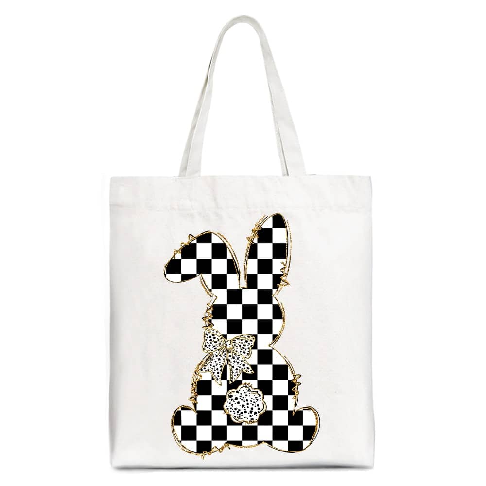 OrnamentallyYou - Checkered Easter Bunny Coquette Tote Bag, Stylish Spring Gift Shopper - White