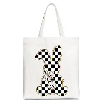 Front. OrnamentallyYou - Checkered Easter Bunny Coquette Tote Bag, Stylish Spring Gift Shopper - White.