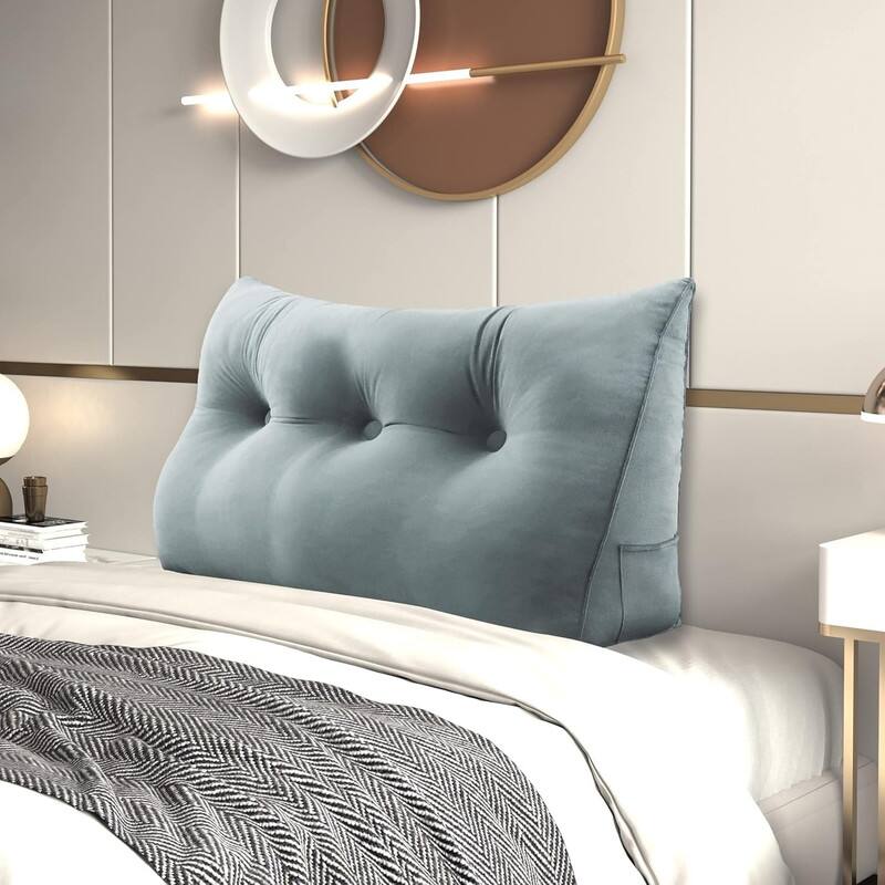 Front. wowmax - Wedge Headboard Pillow Twin - Velvet Triangular Backrest in Gray for Bed Reading Support - Grey.