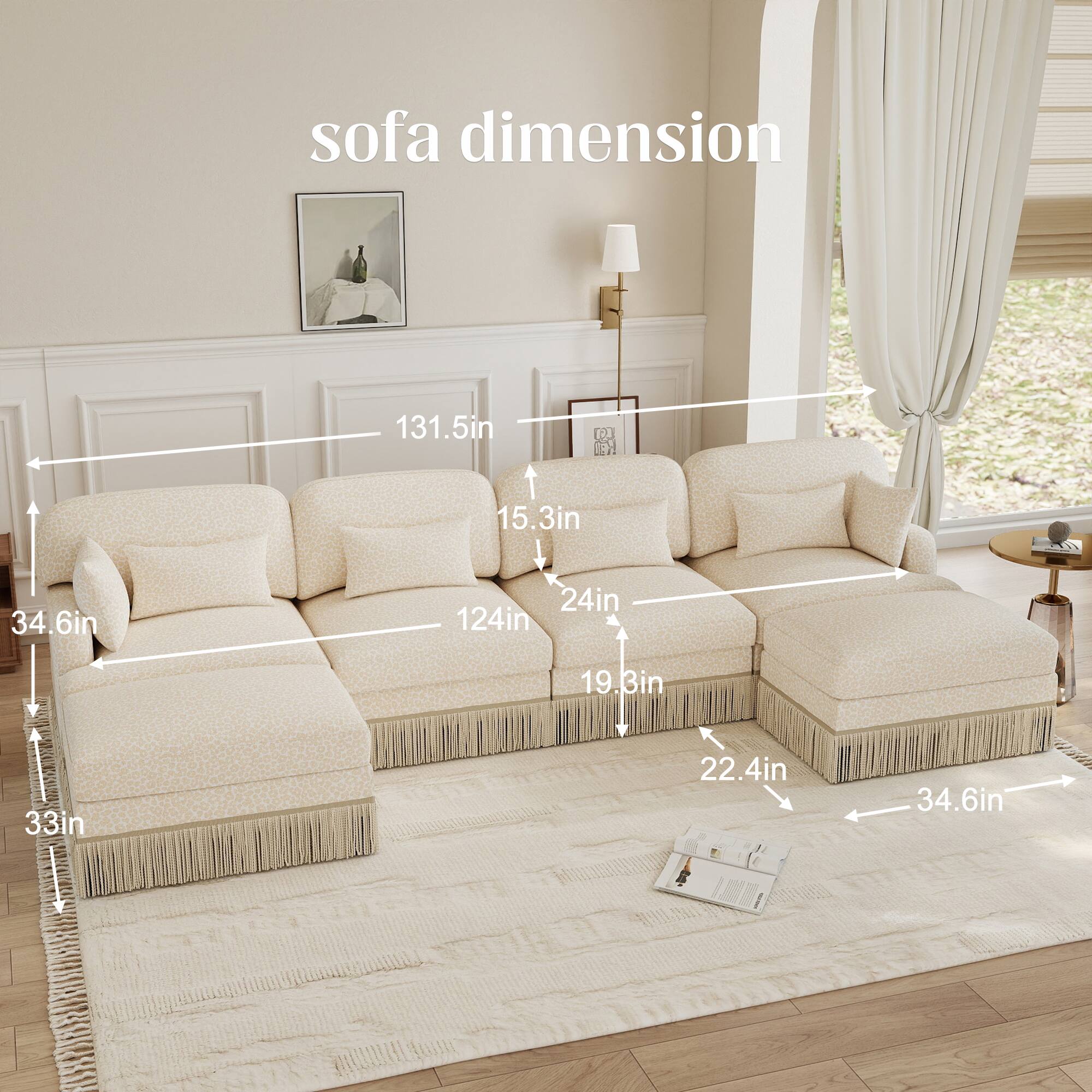 sofa dimension 131.5in x 121in x 15.3in x 34.6in x 24in x 124in x 19.3in x 33in x 22.4in x 34.6in