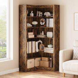 GARVEE - Corner Bookshelf with 5 Tier Display Shelf, Large Corner Bookcase with L-Shaped - Rustic Brown