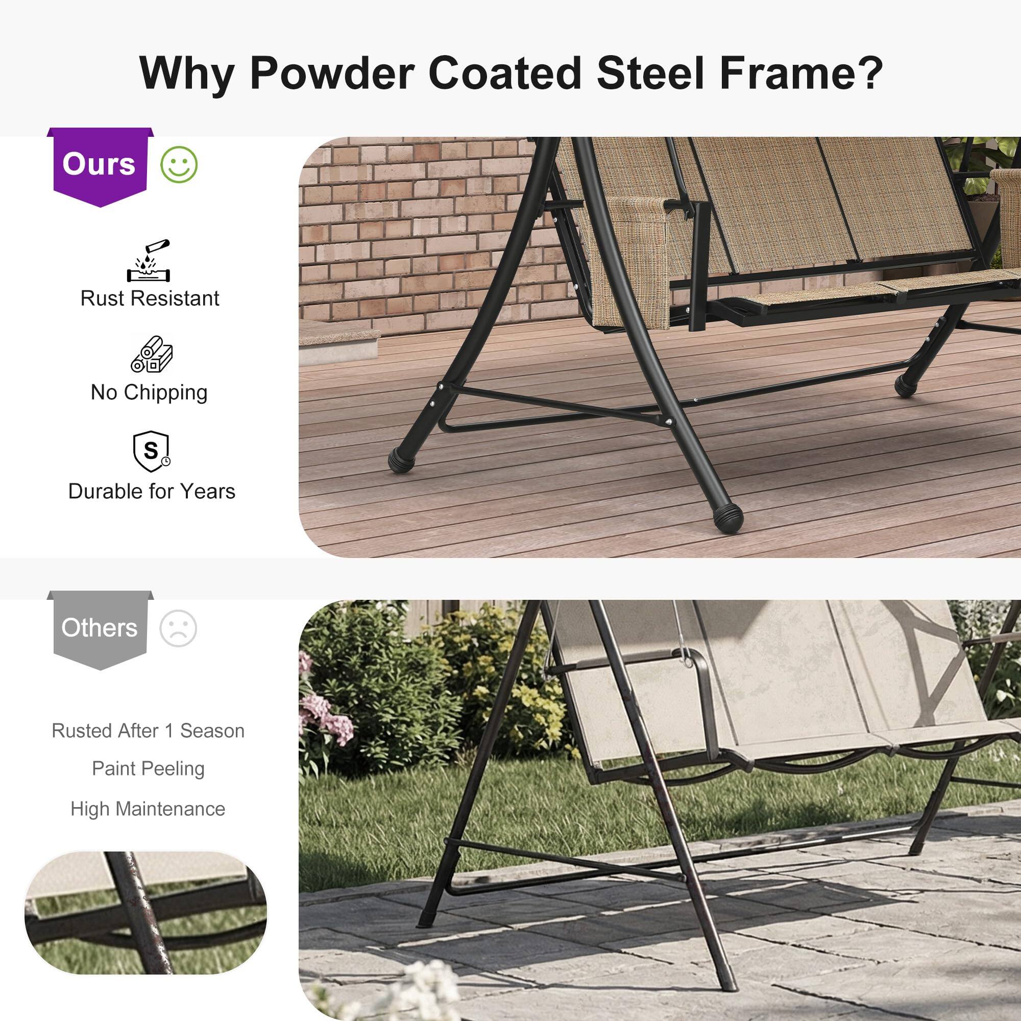 Why Powder Coated Steel Frame?  
Ours:  
- Rust Resistant  
- No Chipping  
- Durable for Years  

Others:  
- Rusted After 1 Season  
- Paint Peeling  
- High Maintenance
