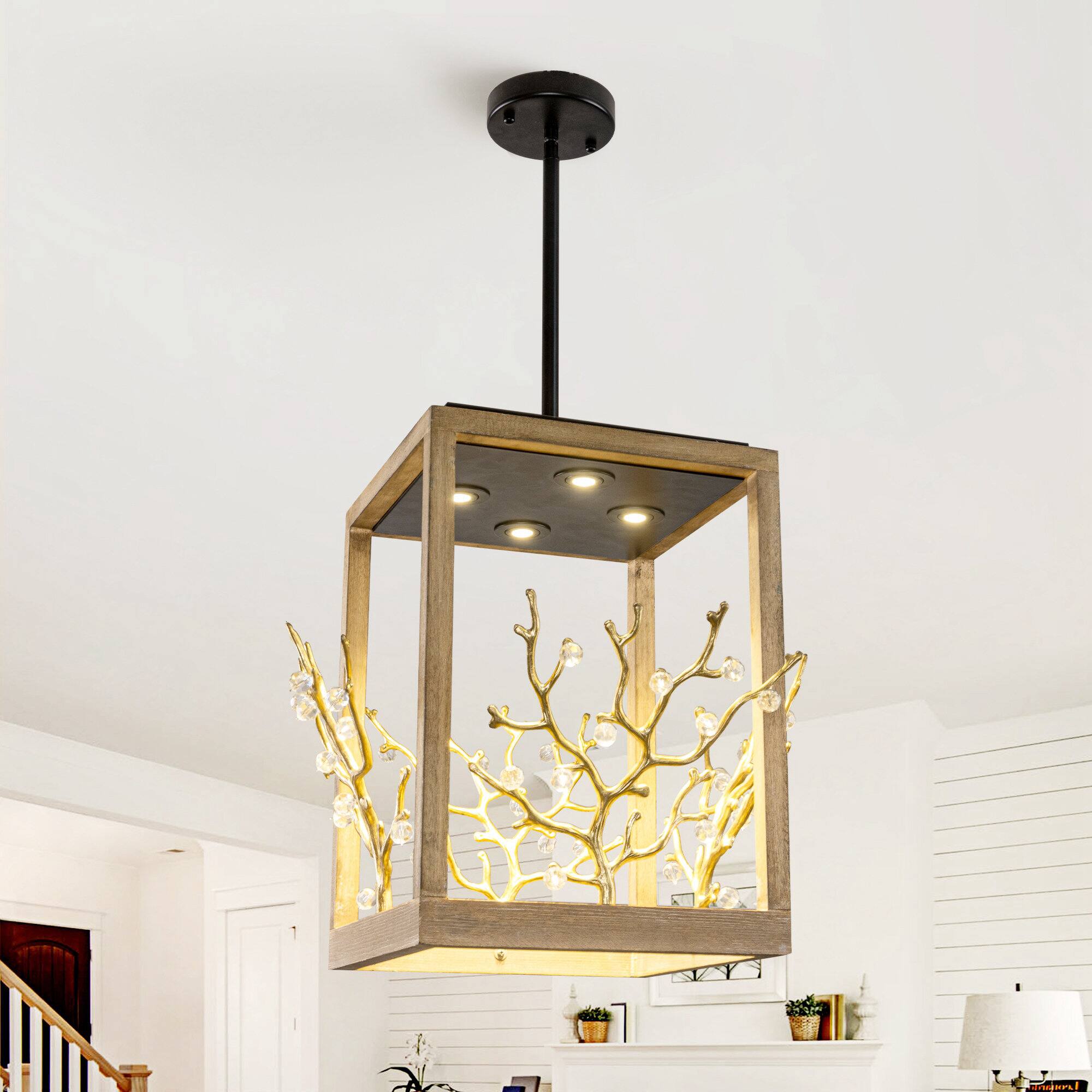 Front. Parrot Uncle - 18.5 in. 4-Light Matte Black Modern Cube Caged Chandelier - Gold.