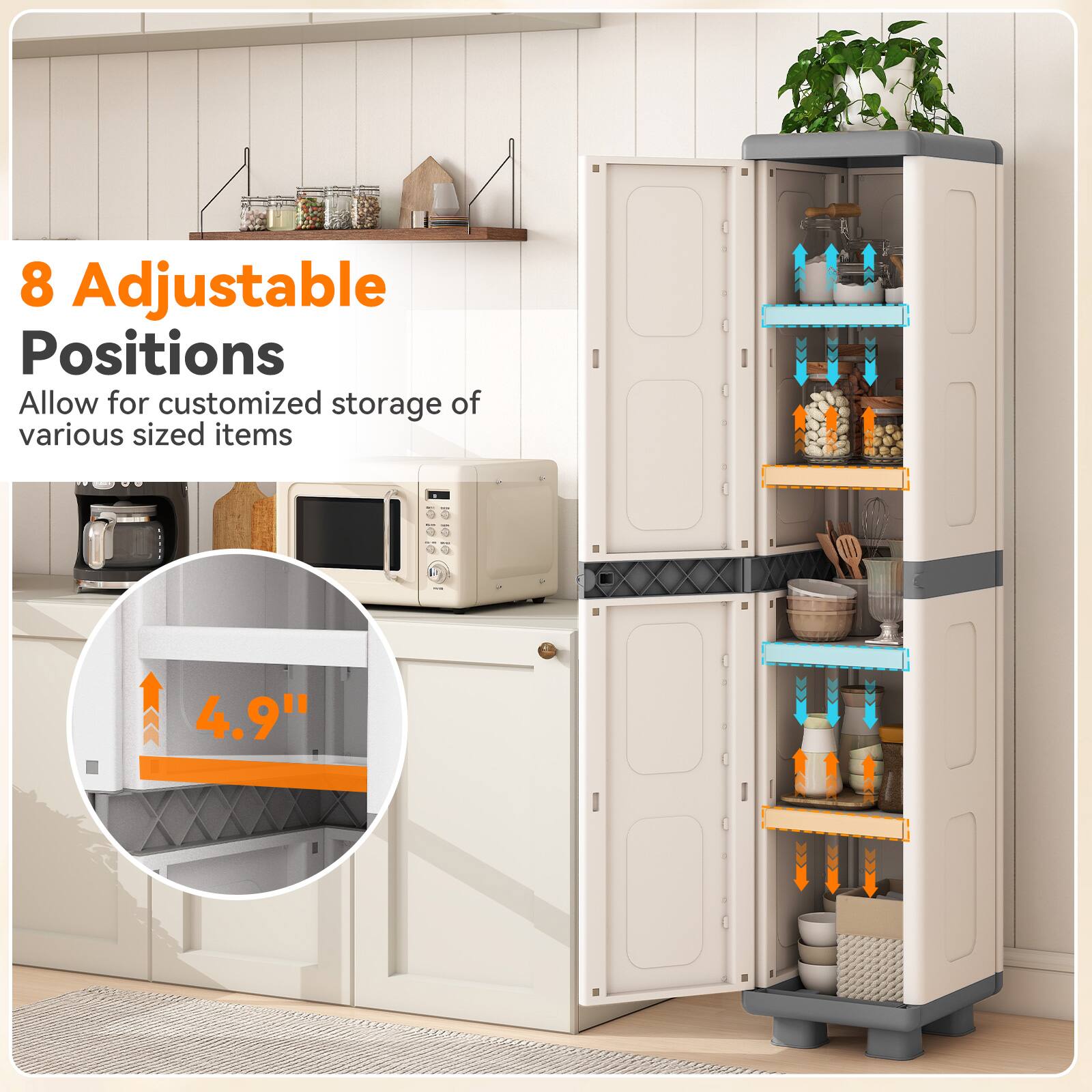 8 Adjustable Positions  
Allow for customized storage of various sized items  

4.9"