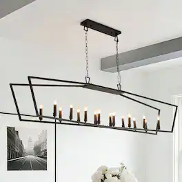 RYHNUYNE - 16-Light Kitchen Island Linear Chandelier, Large Farmhouse Chandelier for Dining Room, Industrial Pendant Light Fixture - Black