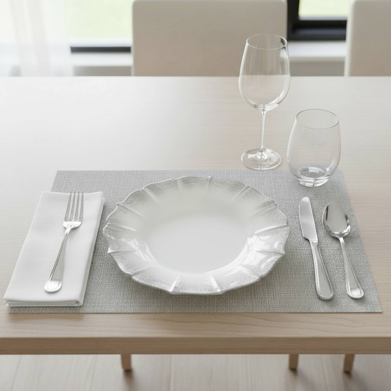 Angle. American Atelier - Contessa Silver Glitter Rim with Pearl White Charger Plate 13"D - Silver.