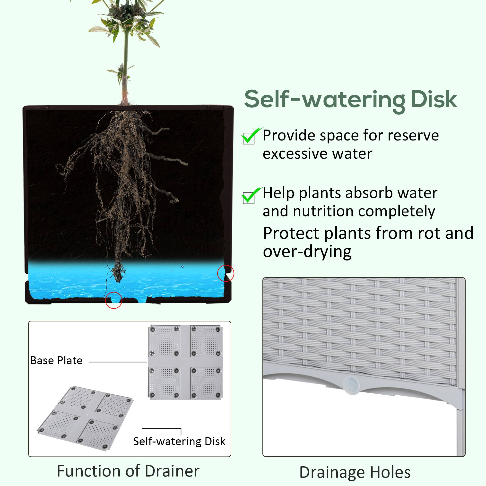 Self-watering Disk: Provide space for reserve excessive water, Help plants absorb water and nutrition completely, Protect plants from rot and over-drying

Function of Drainer: Base Plate, Self-watering Disk, Drainage Holes