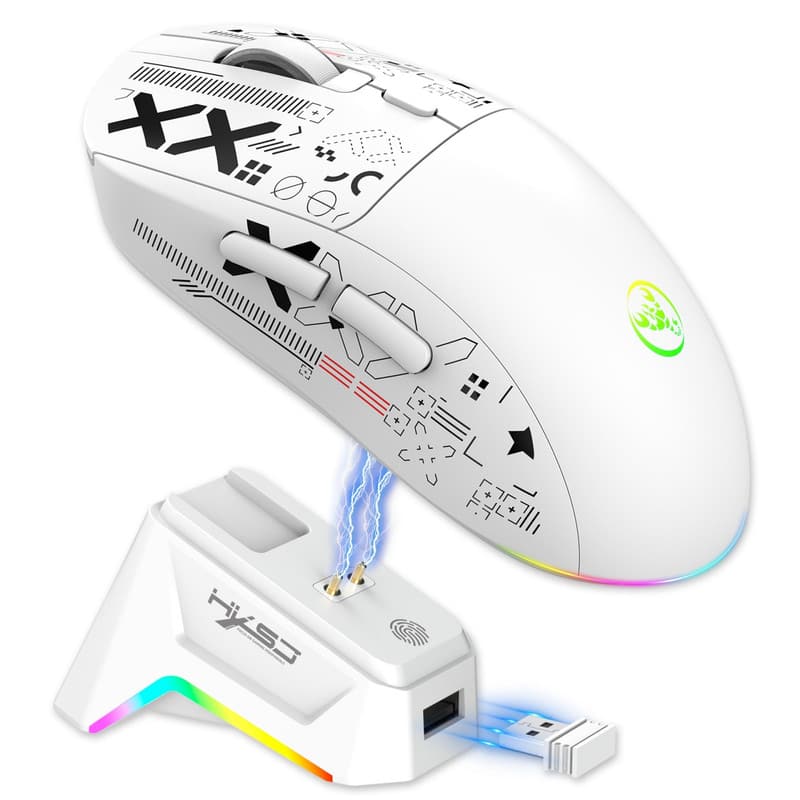 SKRAN - Tri-Mode Wireless Mouse: 12000 DPI, 6 Buttons,Magnetic RGB Charging Dock – Easy-to-Use for Gaming/Office - Wireless - White