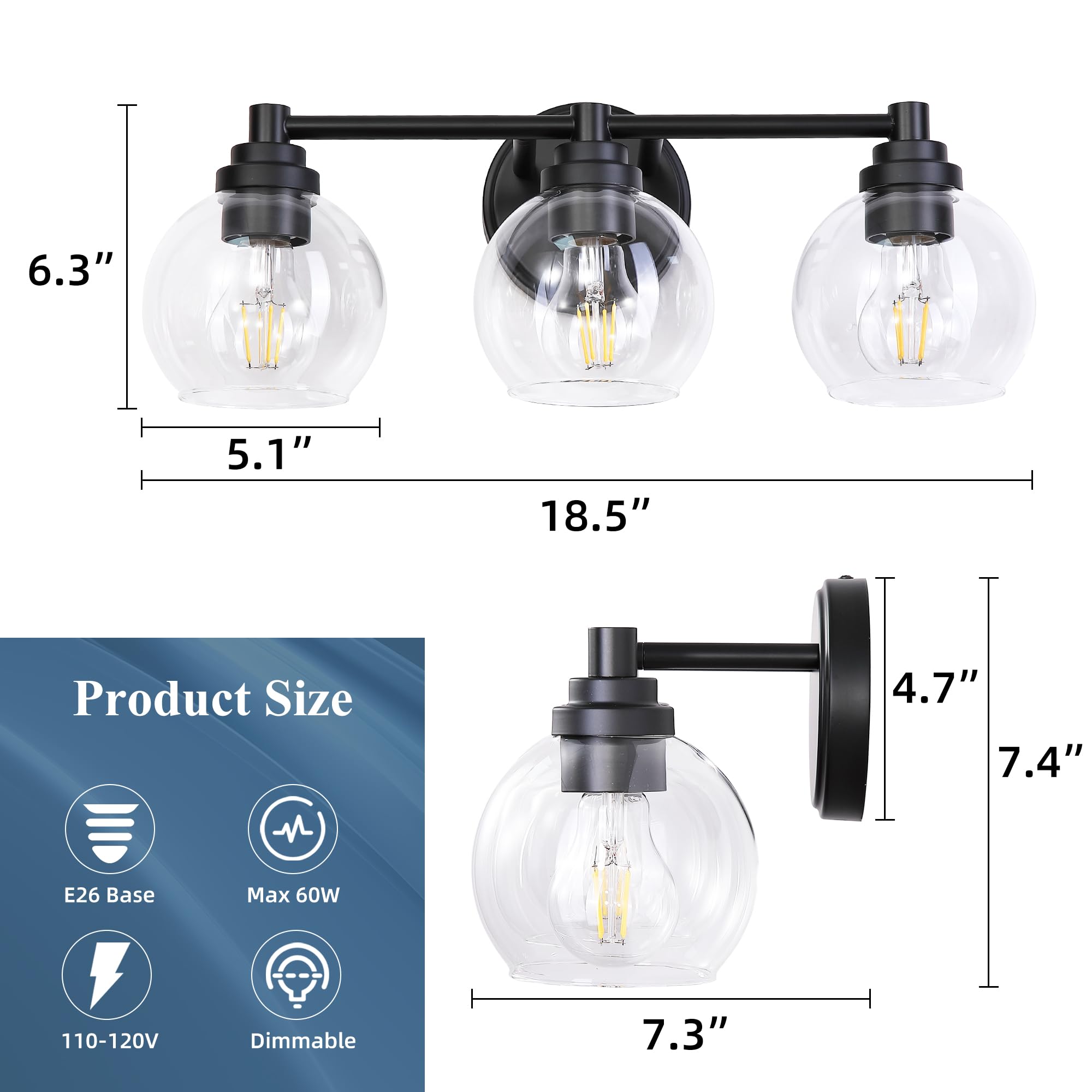 - **Dimensions:**
  - Height: 6.3"
  - Diameter: 5.1"
  - Overall Length: 18.5"
  - Arm Length: 7.4"
  - Arm Height: 4.7"
  - Bulb Base: E26
  - Bulb Size: 7.3"

- **Specifications:**
  - Max Wattage: 60W
  - Voltage: 110-120V
  - Dimmable: Yes