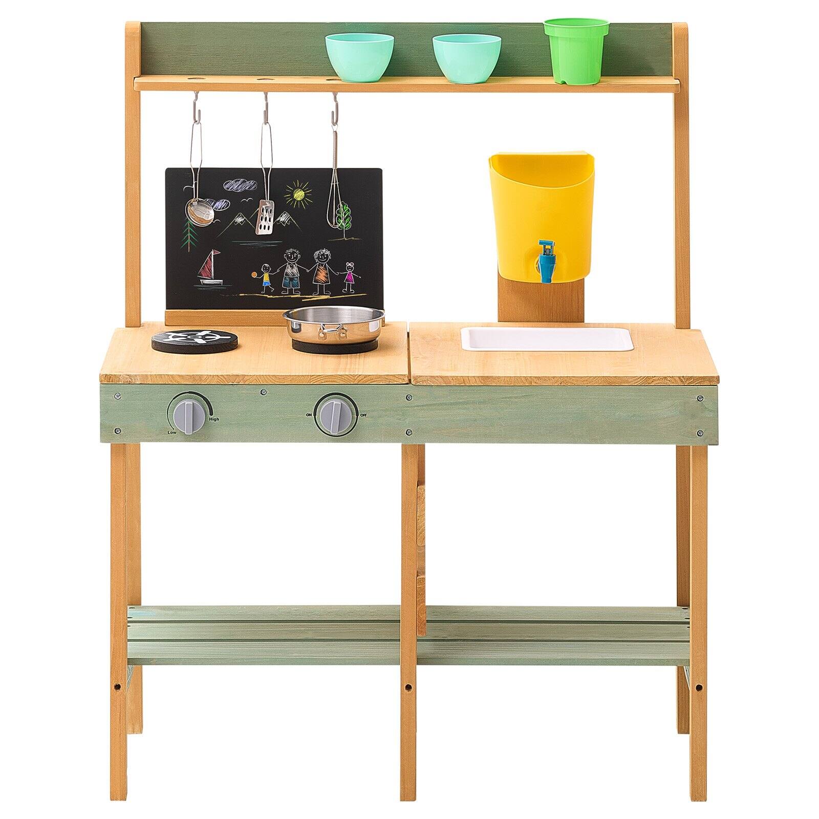 Alt View 10. Glintex - Outdoor Wooden Mud Kitchen for Kids, Pretend Kitchen Playset with Planter Box, Stove, Faucet, Blackboard & Cookware.
