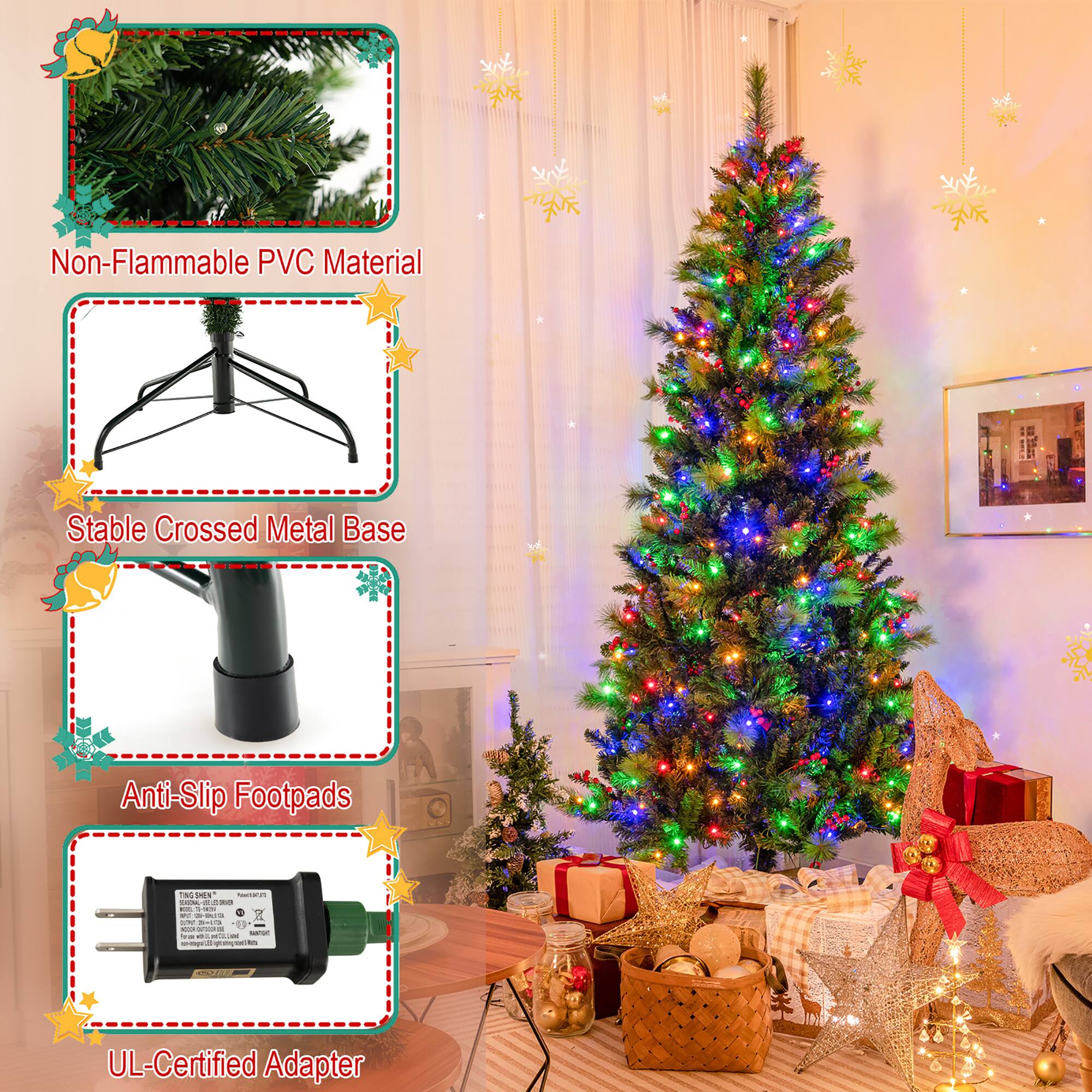 - Non-Flammable PVC Material
- Stable Crossed Metal Base
- Anti-Slip Footpads
- UL-Certified Adapter