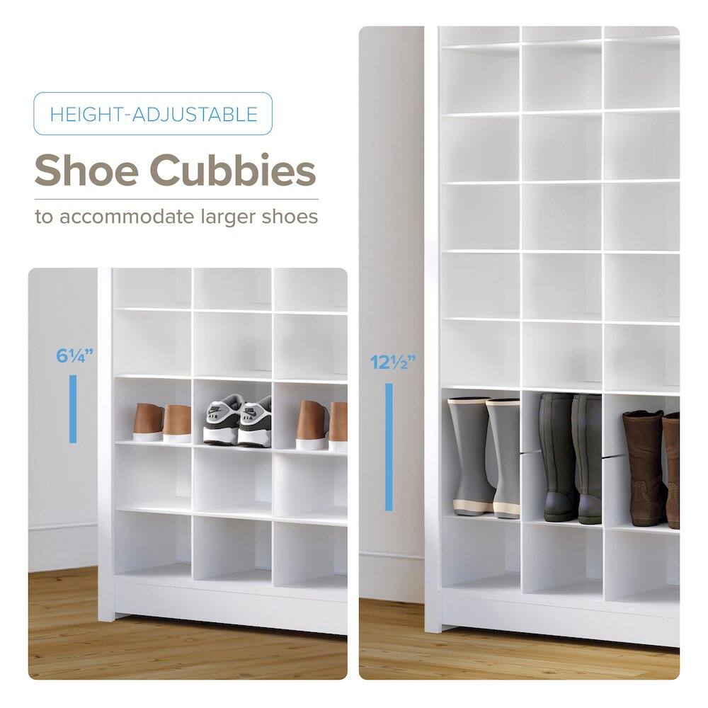 HEIGHT-ADJUSTABLE Shoe Cubbies to accommodate larger shoes

6 1/4"  
12 1/2"