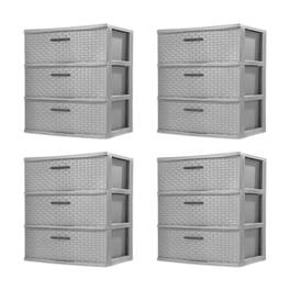Sterilite - 3 Drawer Wide Storage Tower, Plastic Weave Organizer, Cement, 4 Pack