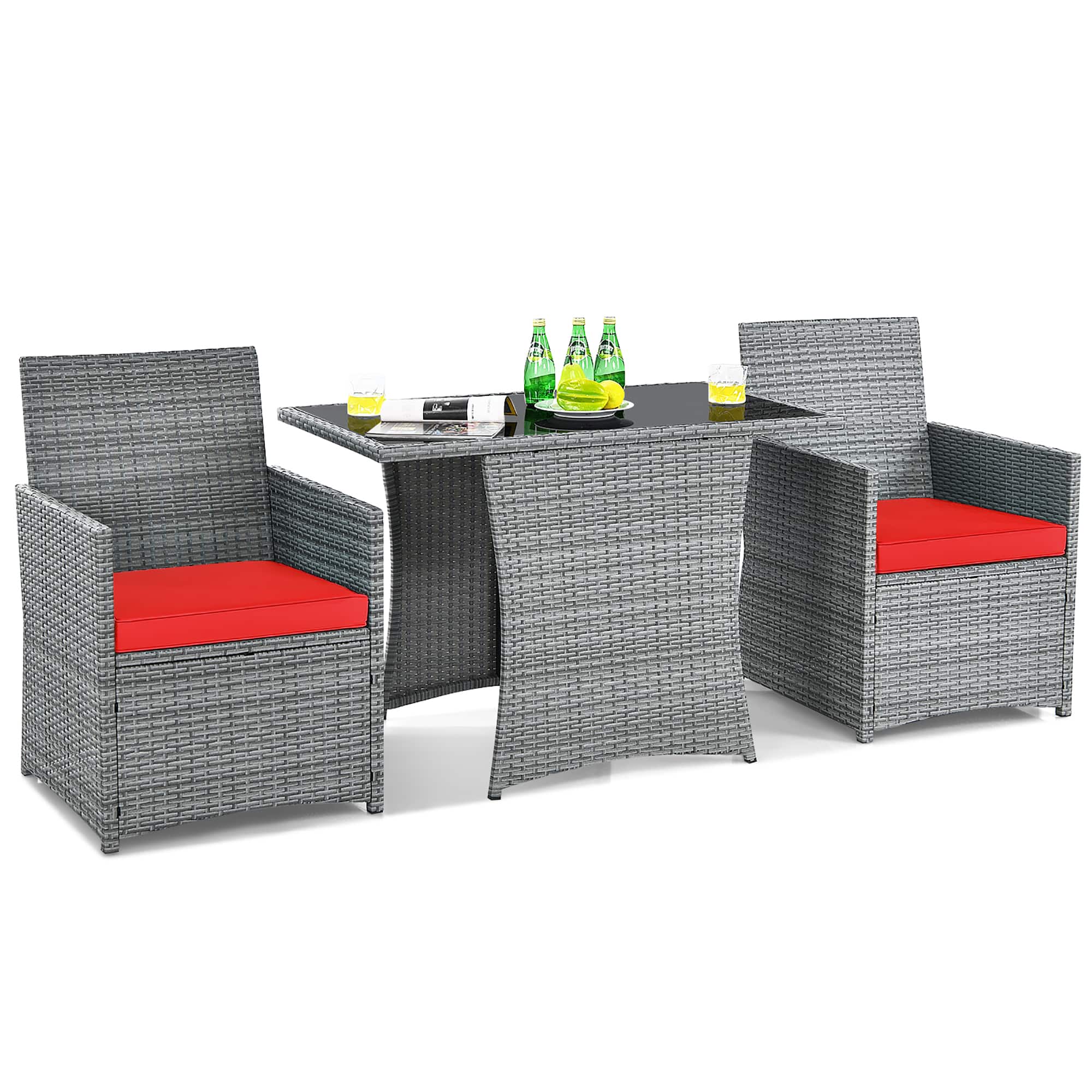 Costway - 3PCS Patio Rattan Furniture Set Cushioned Sofa Armrest Garden - Mixed Grey,Red