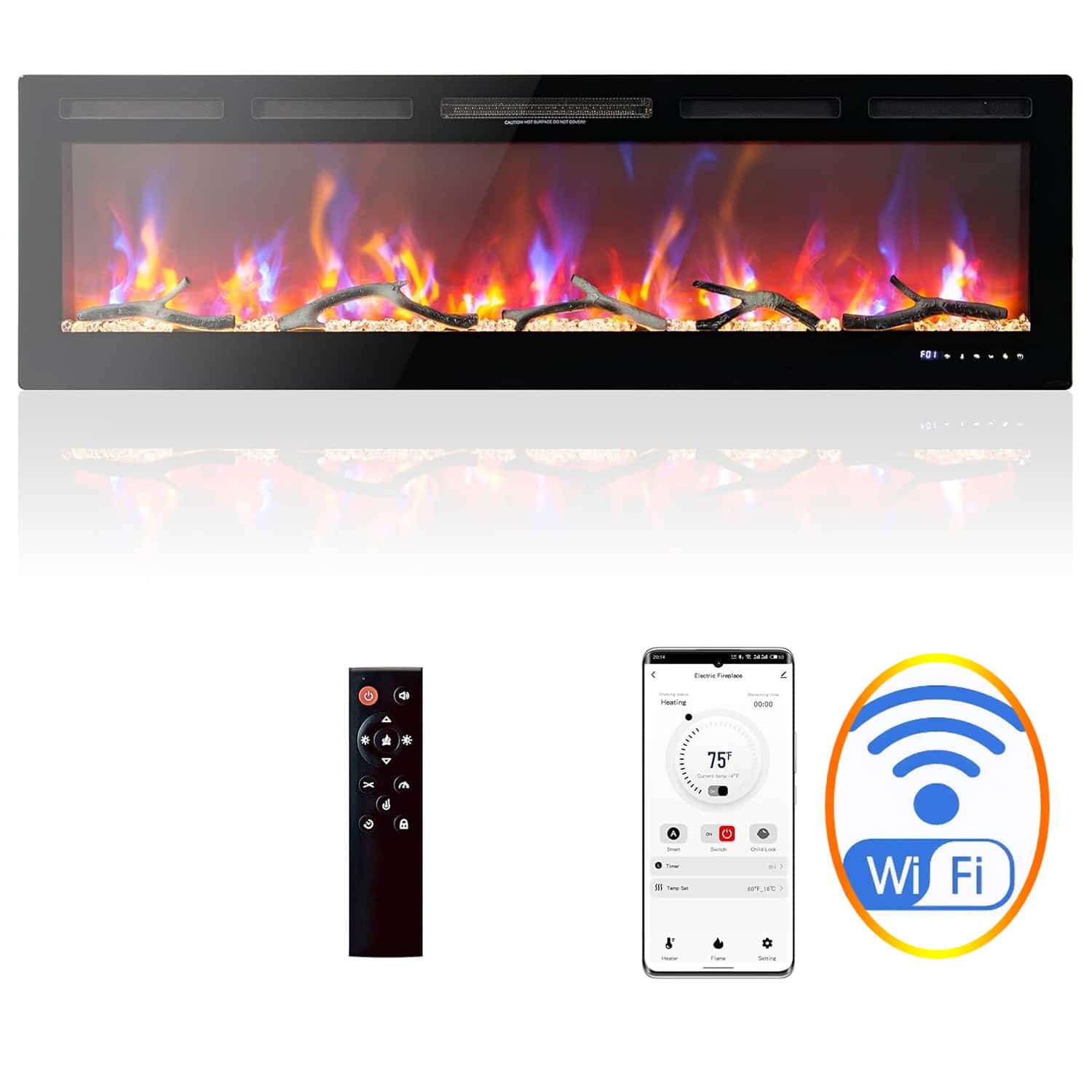 Qeetex - 80 Inch Electric Fireplace Heater WIFI & Alexa Recessed & Wall Mounted Fireplace 750/1500w