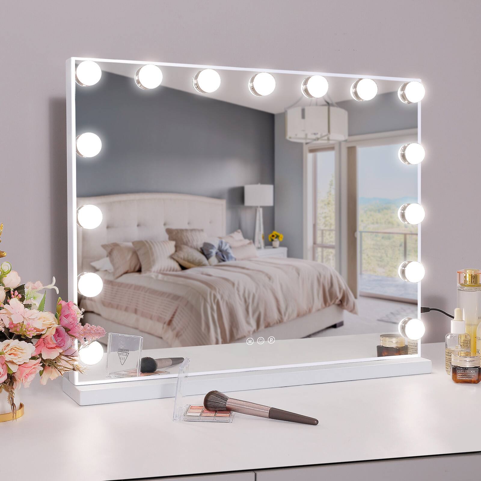 Front. APRILSOUL - Vanity Mirror with Lights Hollywood Lighted Makeup Mirror with 15 Dimmable LED Bulbs 3 Colors Lights and USB Charge Port.