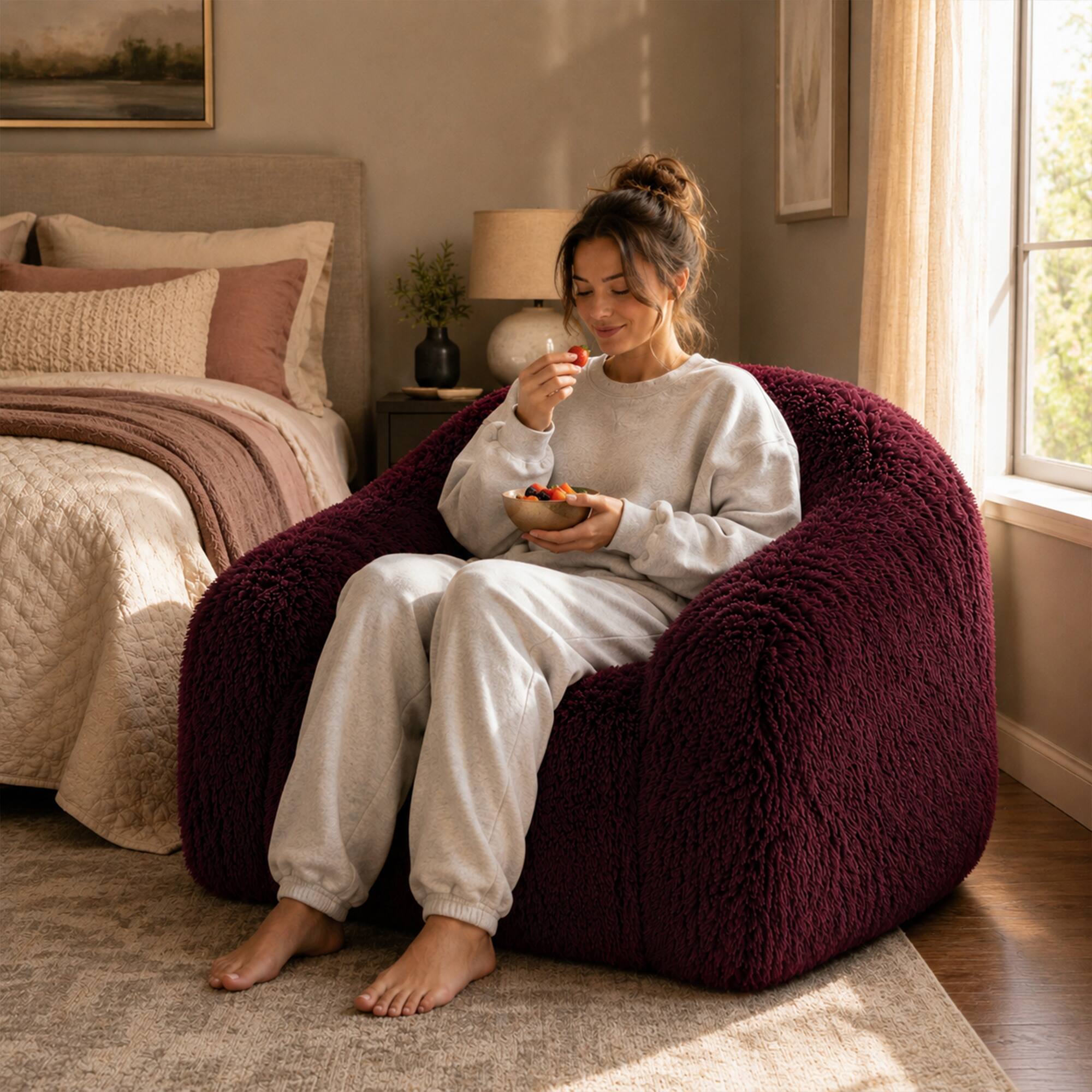 Angle. Anysun - Modern 42" Upholstered Foam Compressed Sofa Chair – Contemporary Long Pile with Shaggy Texture, Luxurious to the Touch - Red Wine.