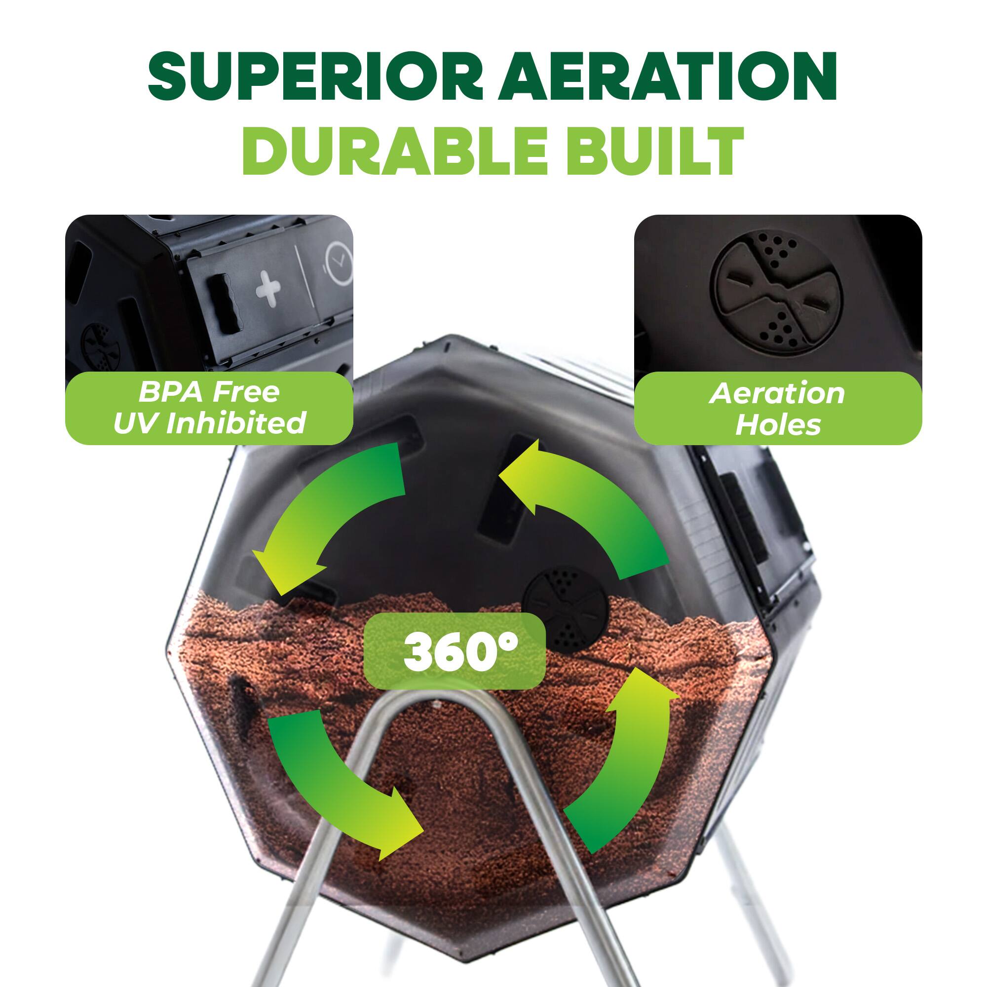 SUPERIOR AERATION  
DURABLE BUILT  

BPA Free UV Inhibited  
Aeration Holes  
360°