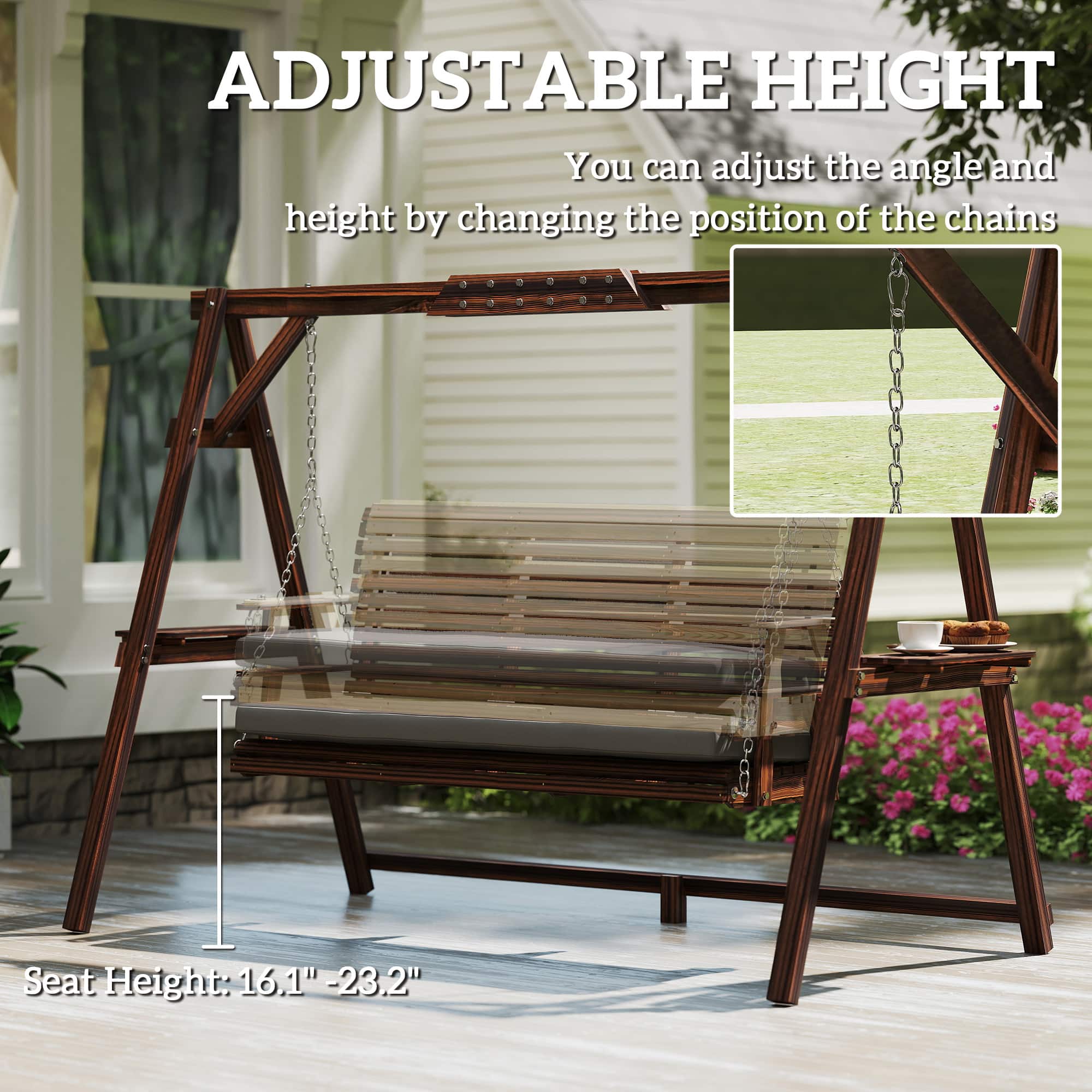Outsunny Seat Wooden Porch Swing with Stand, Patio Swing with