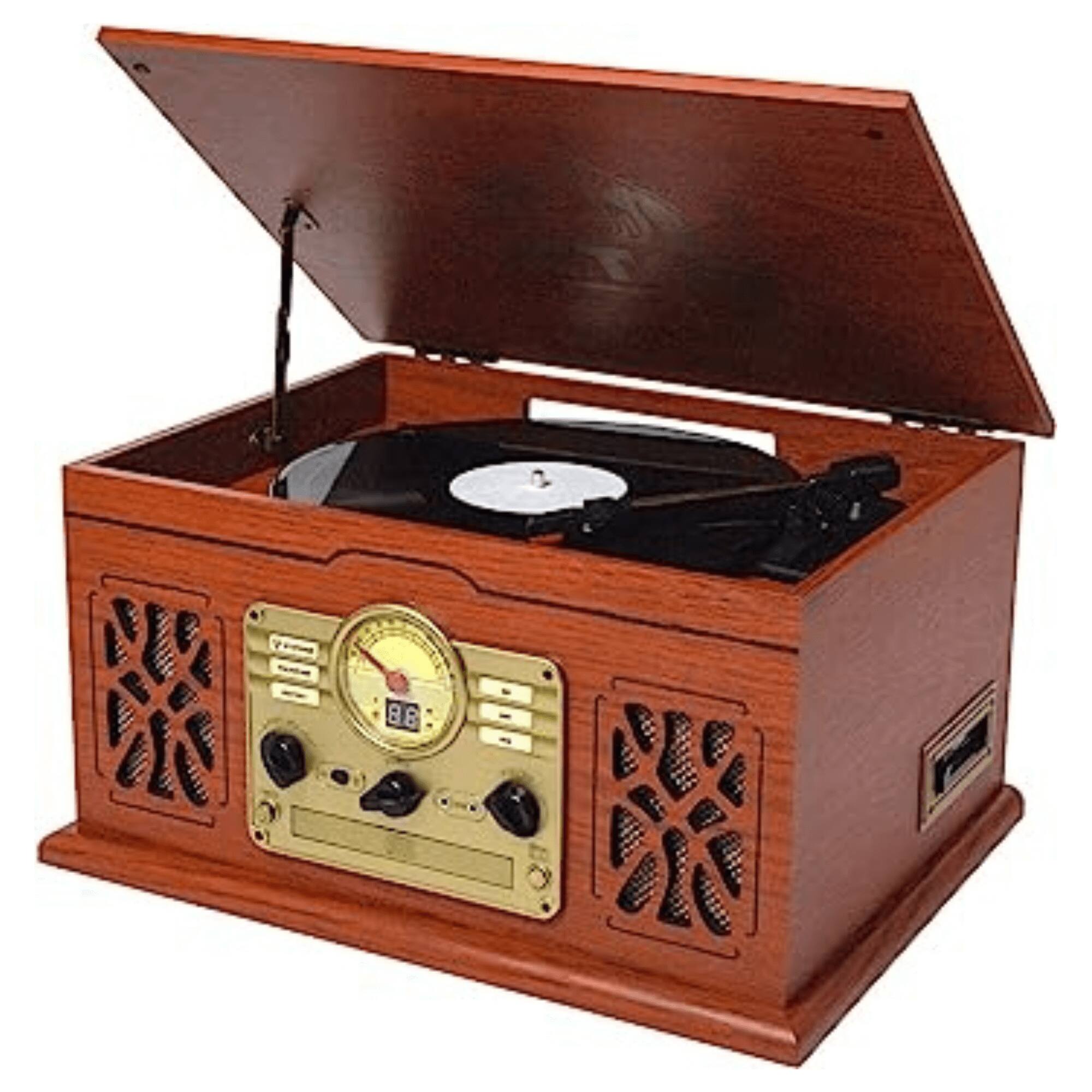Angle. Victor Audio - State 7-in-1 Wood Music Center with 3-Speed Turntable and Dual Bluetooth - Mahogany.