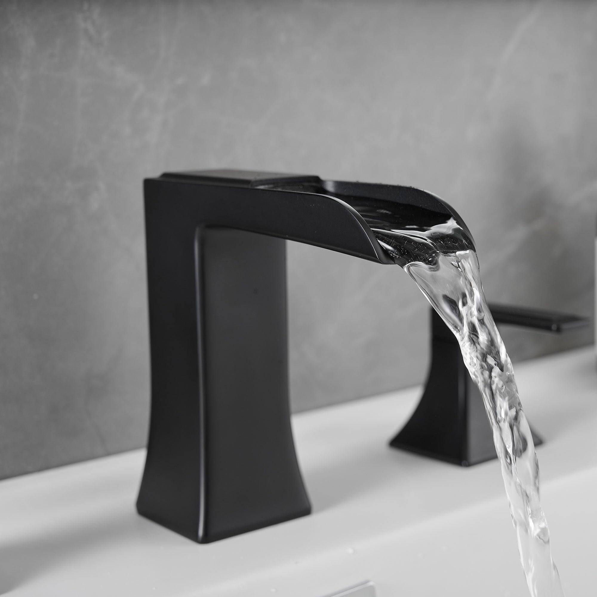 Back. Boyel Living - Modern 8 Inch Widespread Double Handle Brass Bathroom Faucet with Pop Up Drain and Water Supply Hoses in Matte Black - Matte Black.