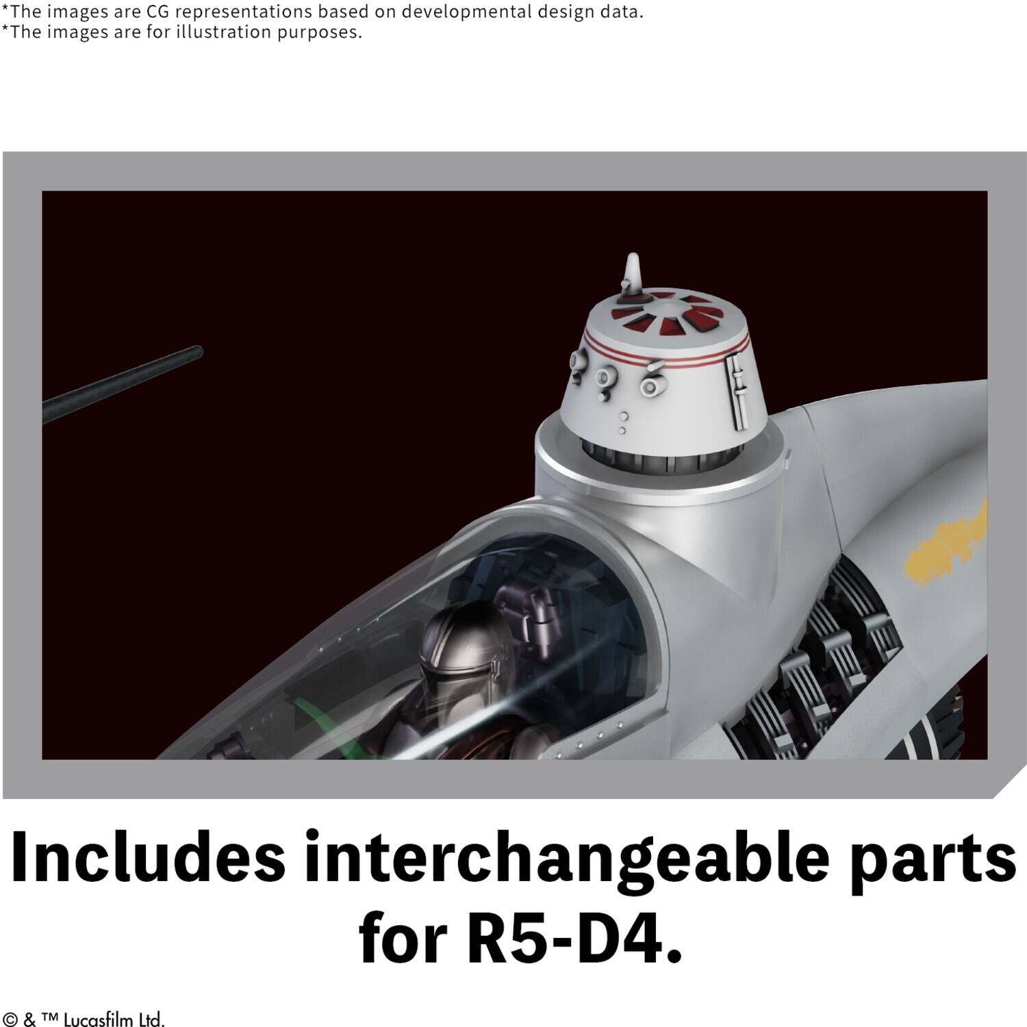 *The images are CG representations based on developmental design data.
*The images are for illustration purposes.
Includes interchangeable parts for R5-D4.
© & ™ Lucasfilm Ltd.