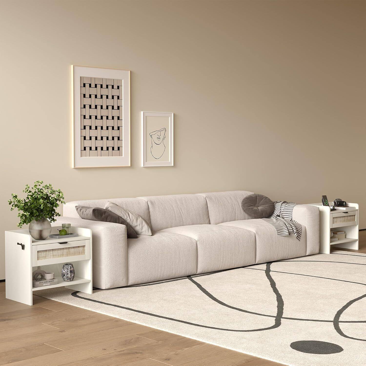 Left. GARVEE - Rattan Nightstand, Bedside Table with Type-C Charging Station - 1 Storage Drawer & Open Storage Space, White 1pcs - White.