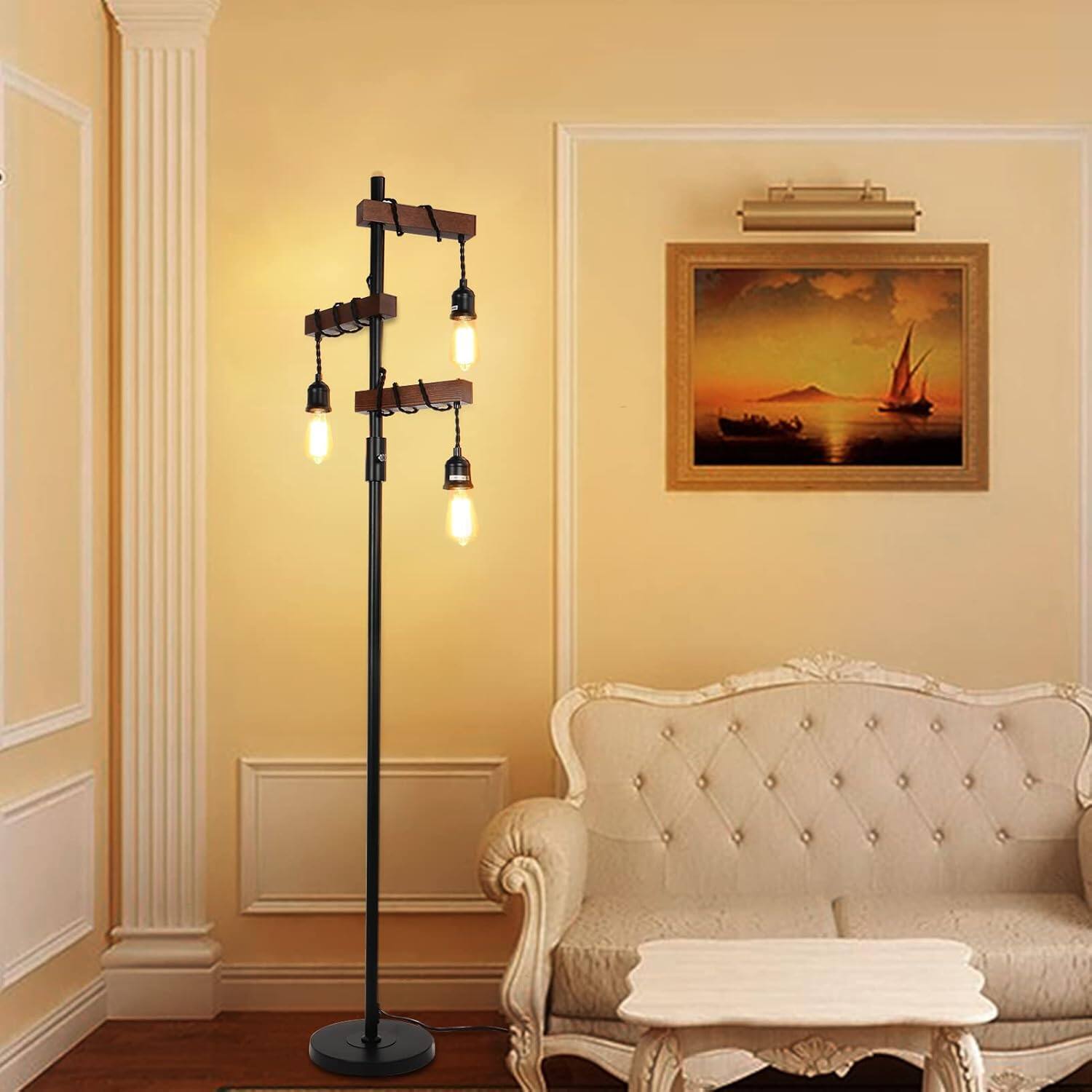 Alt View 7. Ecooso - Dimmable Industrial Floor Lamp, 68-Inch Farmhouse Tree Floor Lamp with 3 Lights and Sturdy Wood Base - Natural & Caramel.
