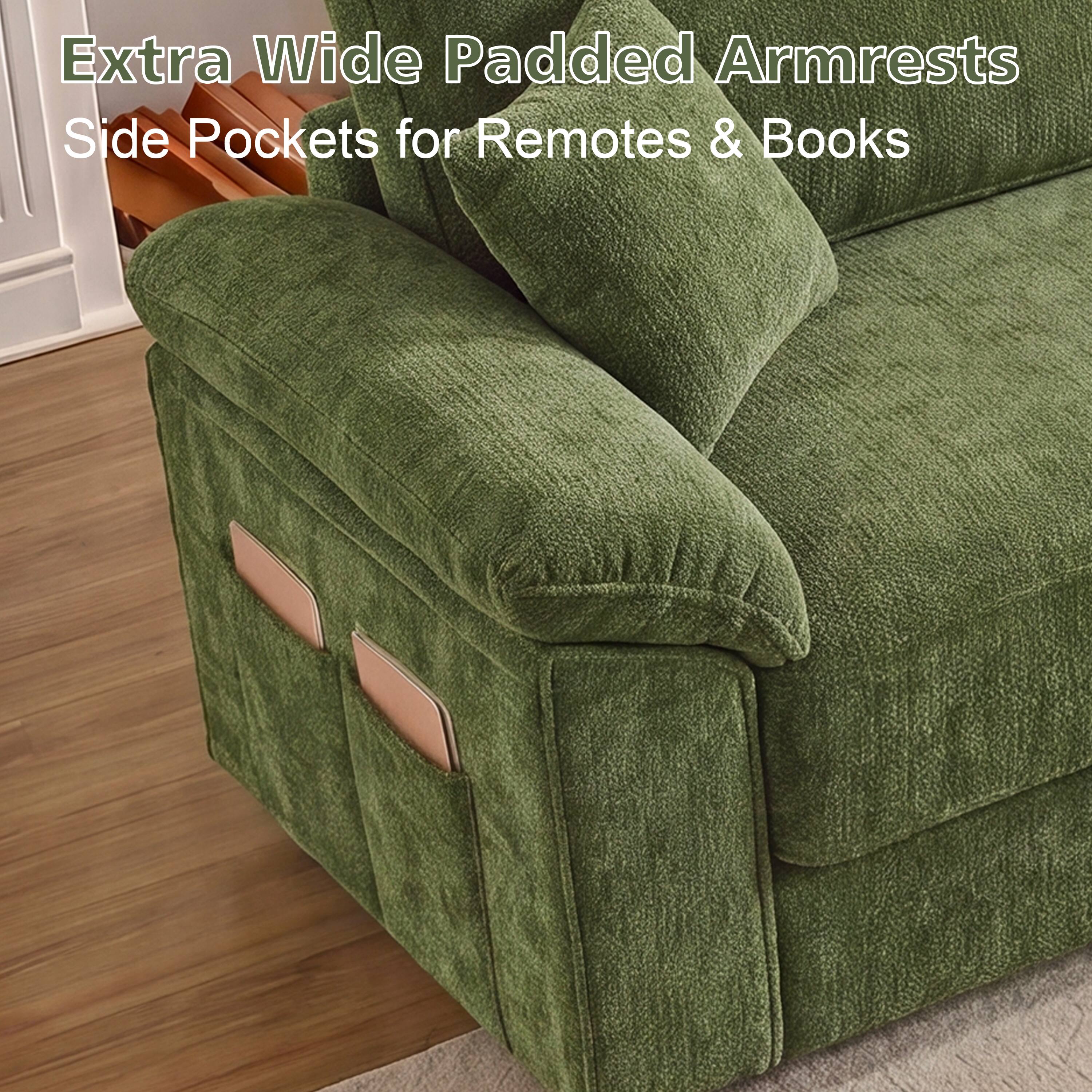 Extra Wide Padded Armrests  
Side Pockets for Remotes & Books