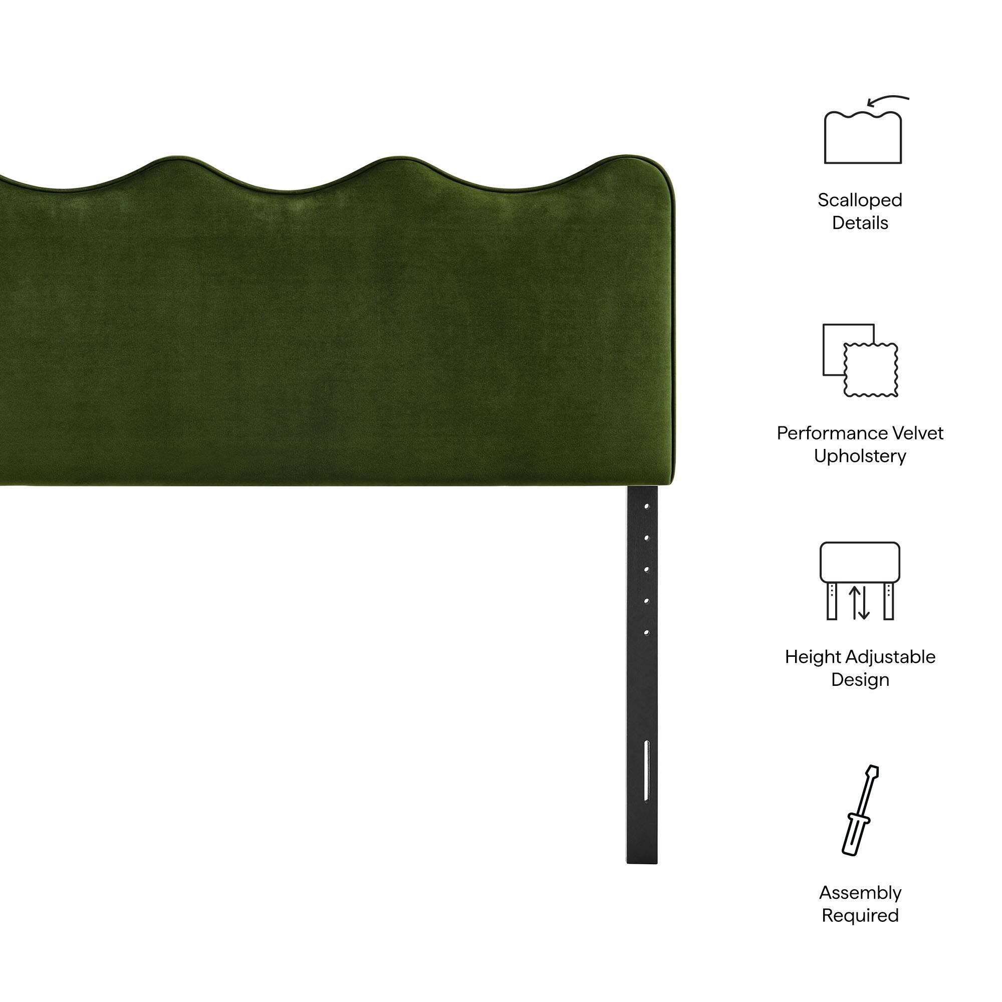 Scalloped Details  
Performance Velvet Upholstery  
Height Adjustable Design  
Assembly Required