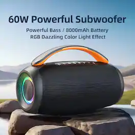Luckbyte - 60W Portable Bluetooth Speaker with RGB Light, IPX6 Waterproof, 8000mAh Battery for Outdoor Camping