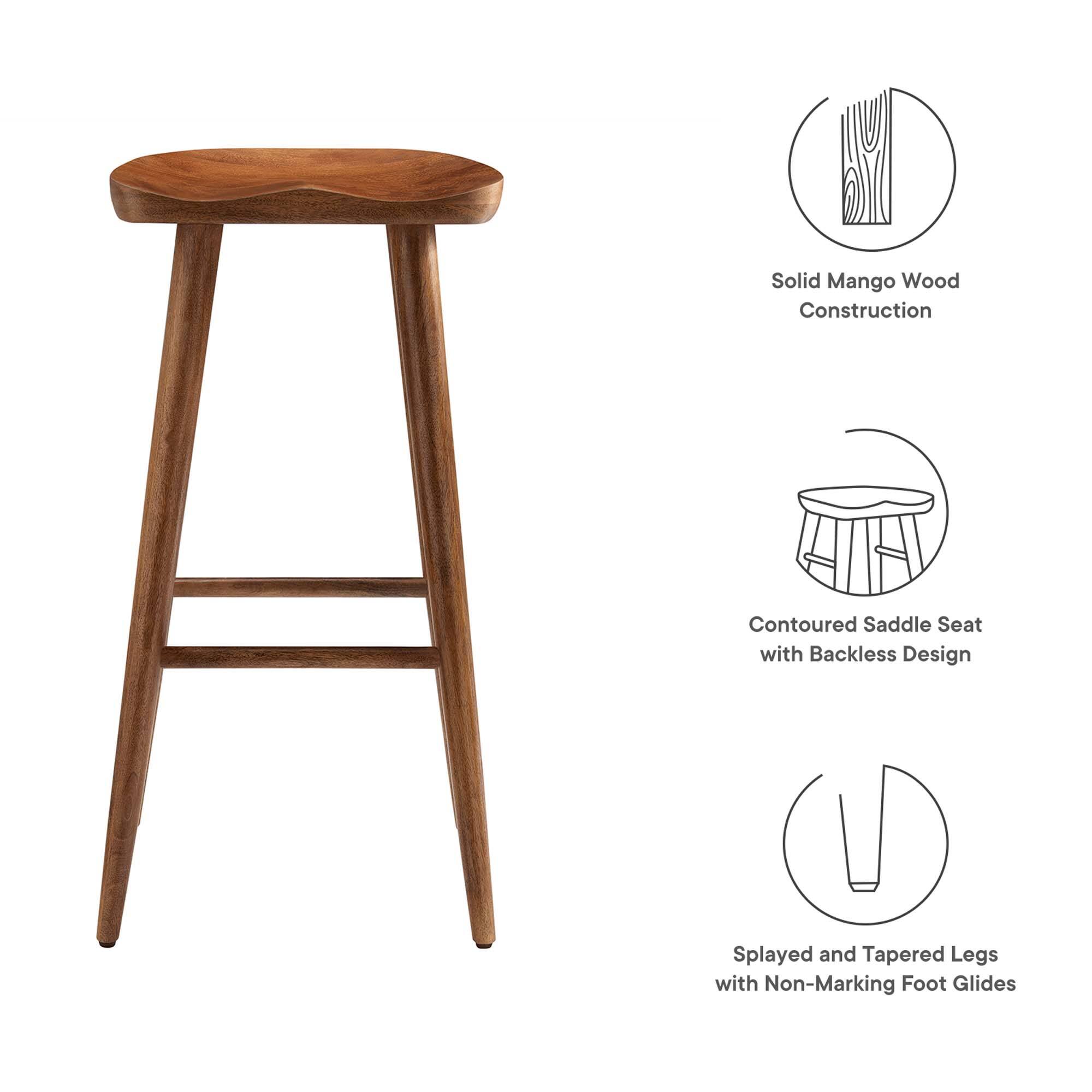 Solid Mango Wood Construction  
Contoured Saddle Seat with Backless Design  
Splayed and Tapered Legs with Non-Marking Foot Glides