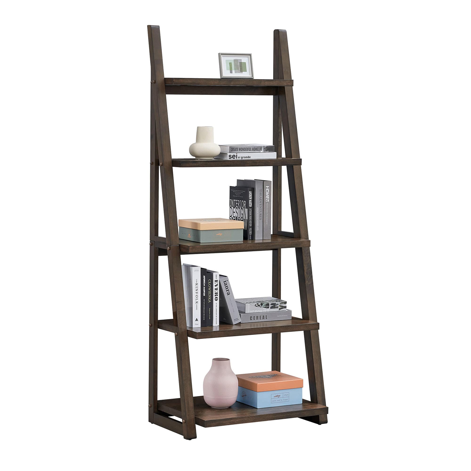 Spaco - Ladder Bookshelf 5-Tier, Rubber Wood Frame Storage Shelf for Living Room Office Bedroom - Rustic Brown
